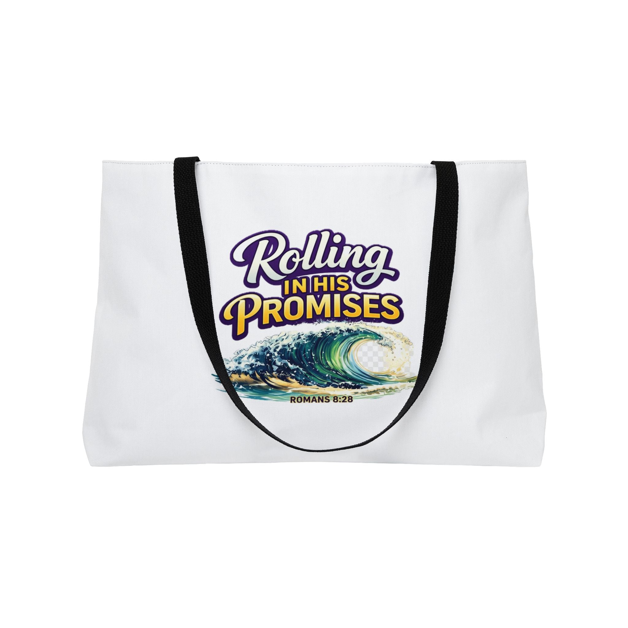 Holy Rollers Christian apparel: Holy Rollers Weekender Tote Bag | Rolling in His Promises Scripture Wave