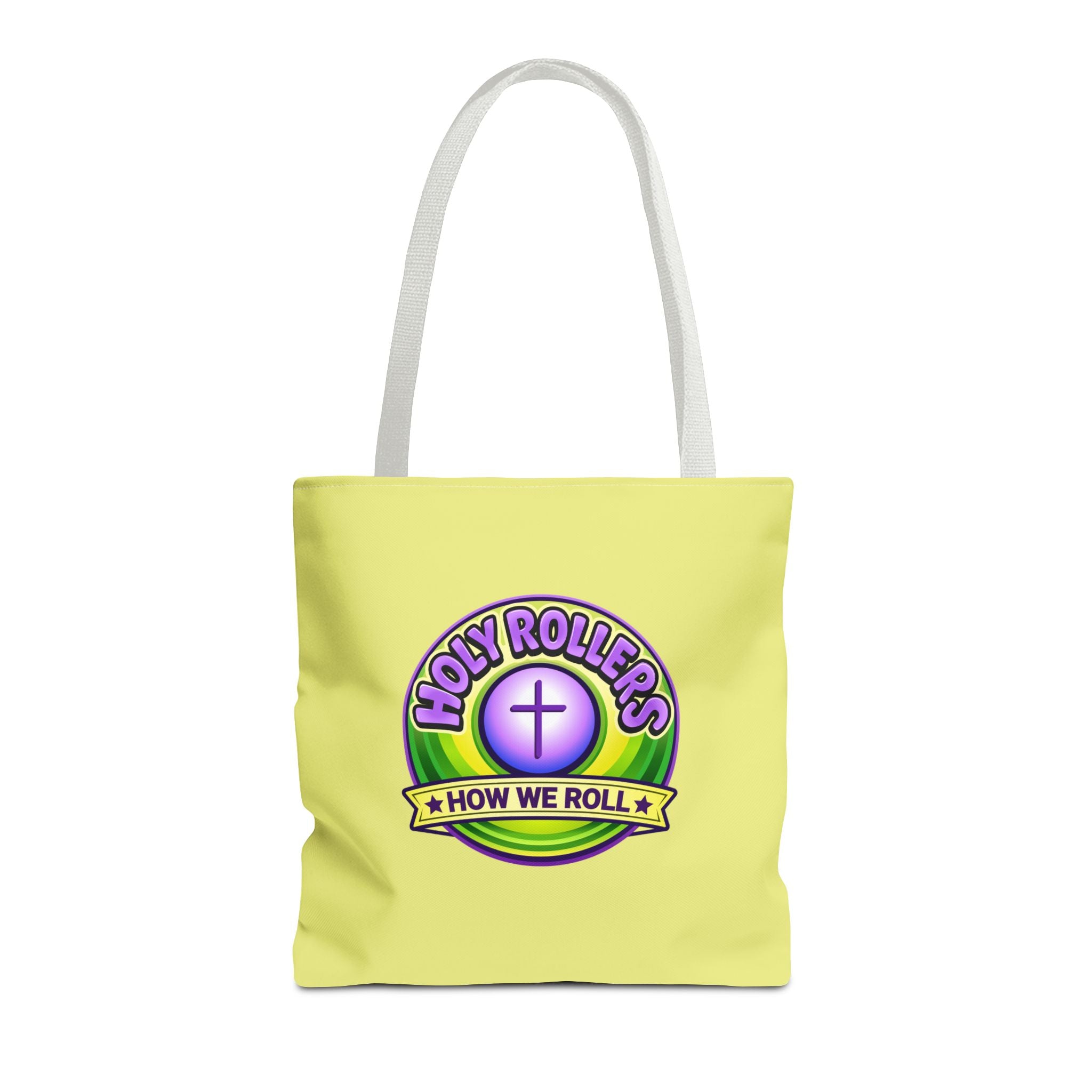 Holy Rollers Christian apparel: Christian Tote Bag — "Saved By Grace" / "Holy Rollers" Inspirational All-Over Print