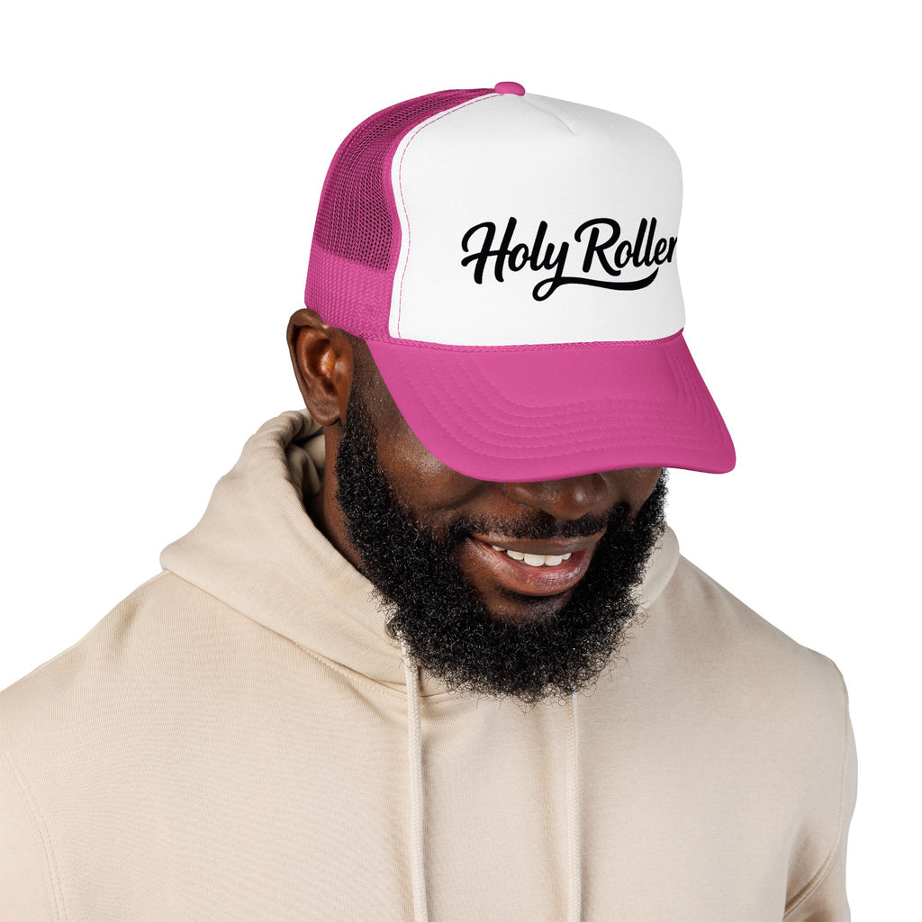 Holy Rollers Christian apparel thumbnail: Holy Rollers Foam Trucker Hat | Script Logo, Black & White Mesh