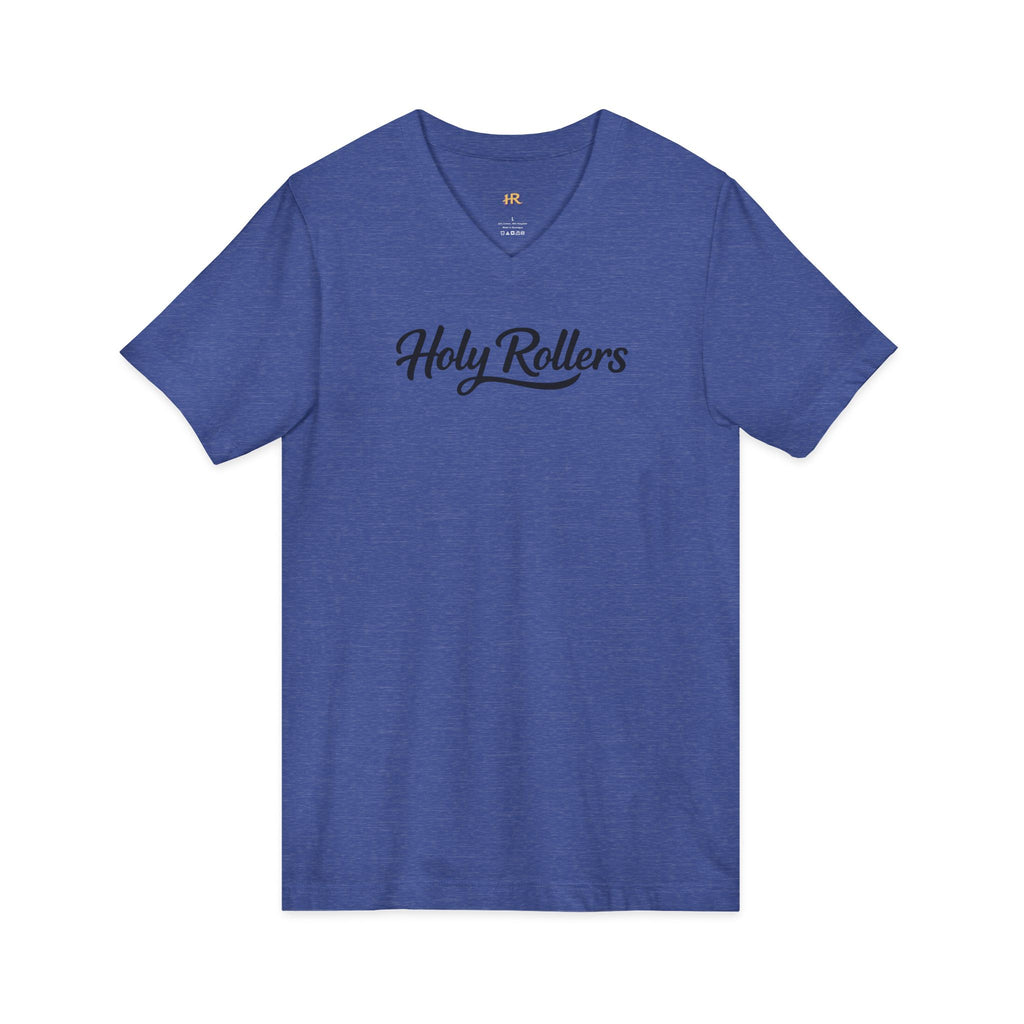 Holy Rollers Christian apparel thumbnail: Holy Rollers word-logo t-shirt | Holy Rollers How We Roll V-neck