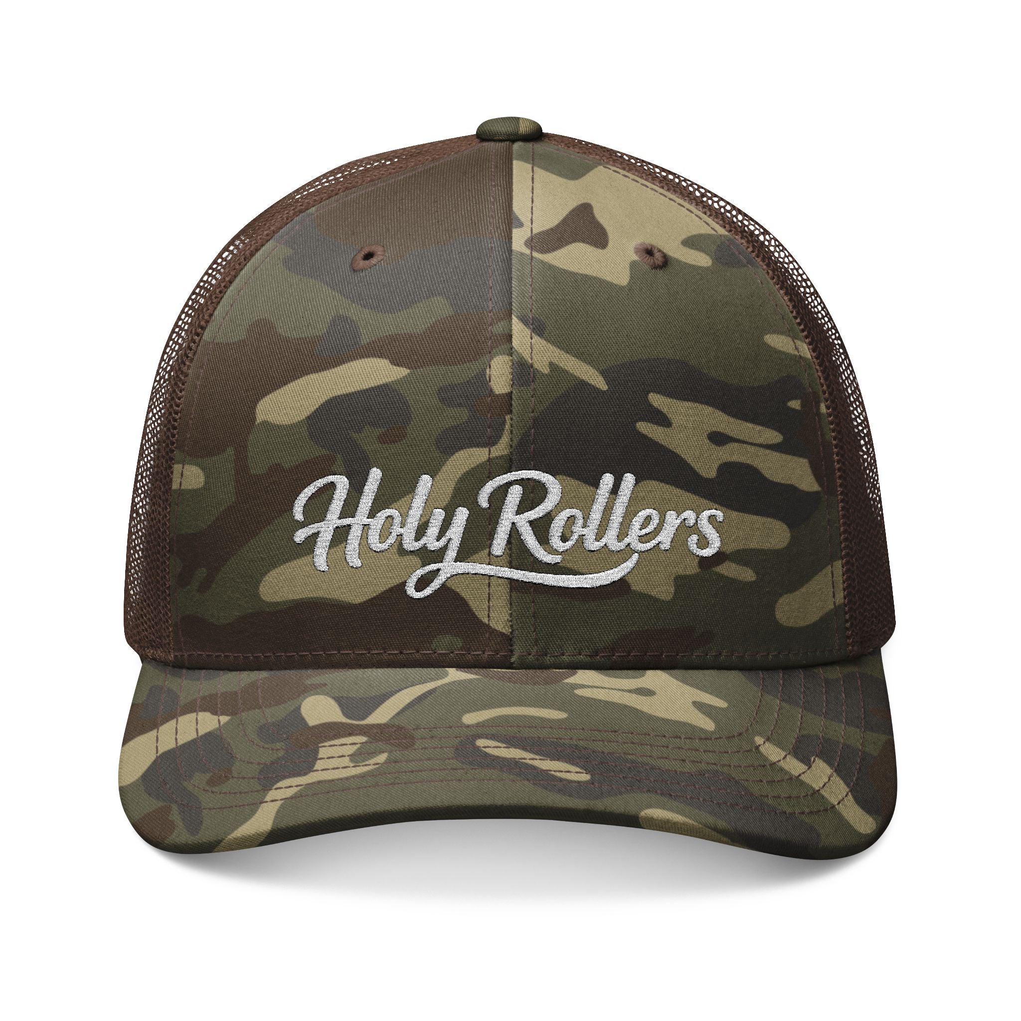 Holy Rollers Christian apparel: Camouflage Trucker Hat — Embroidered "Holy Rollers" Mesh Cap