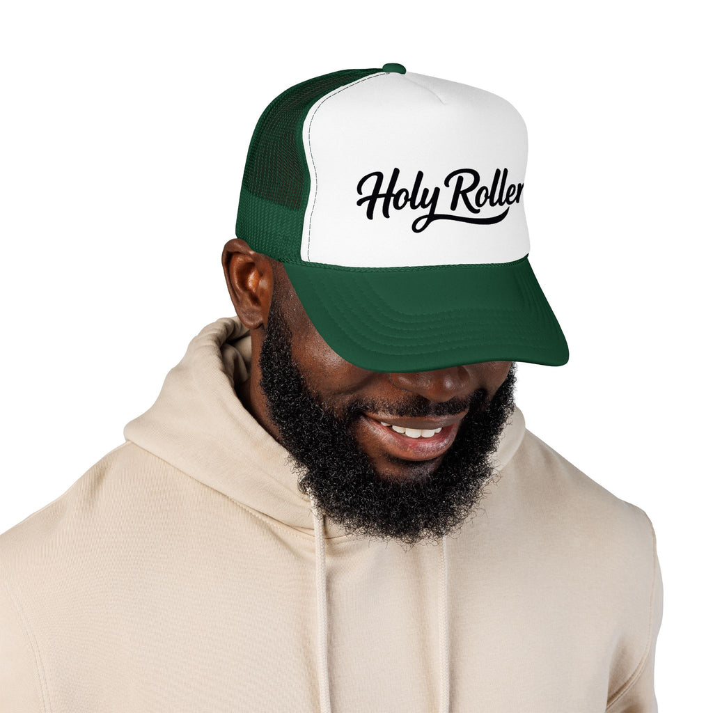 Holy Rollers Christian apparel thumbnail: Holy Rollers Foam Trucker Hat | Script Logo, Black & White Mesh