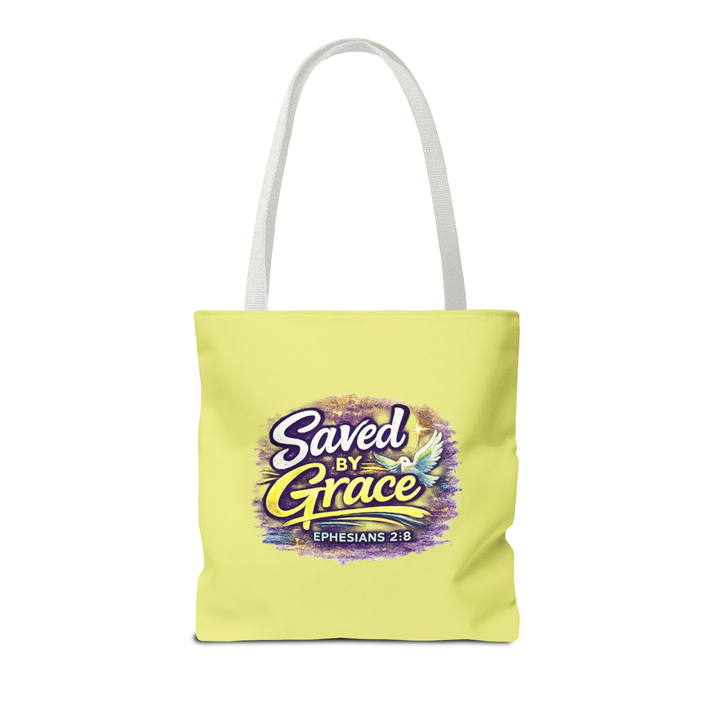 Holy Rollers Christian apparel thumbnail: Christian Tote Bag — "Saved By Grace" / "Holy Rollers" Inspirational All-Over Print