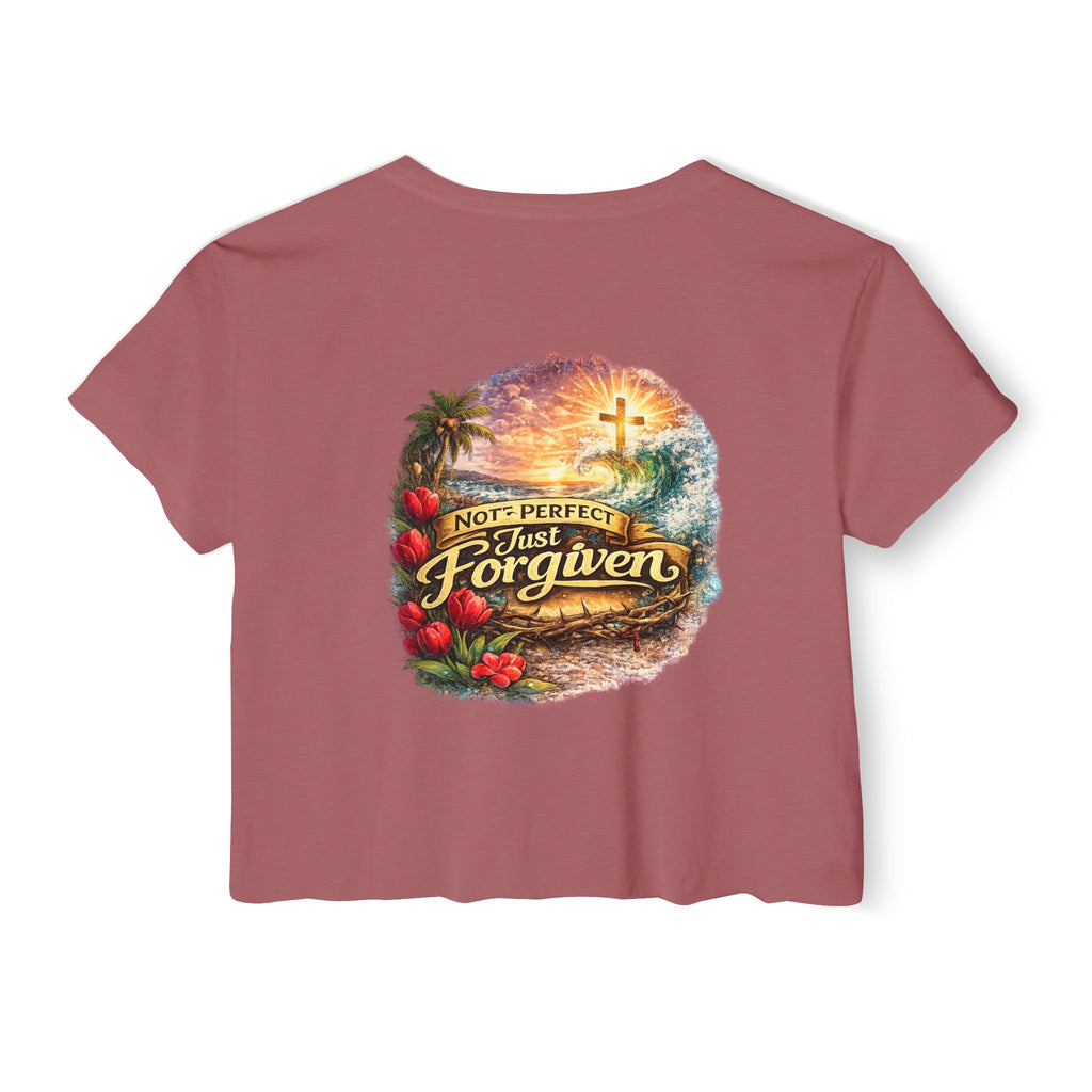 Holy Rollers Christian apparel thumbnail: Women's Crop Top — "Holy Rollers" Front & "Not Perfect Just Forgiven" Back Christian Festival Tee