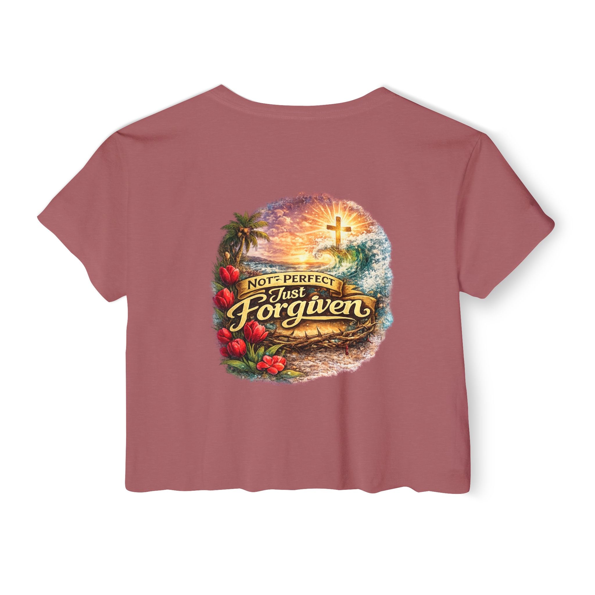Holy Rollers Christian apparel: Women's Crop Top — "Holy Rollers" Front & "Not Perfect Just Forgiven" Back Christian Festival Tee