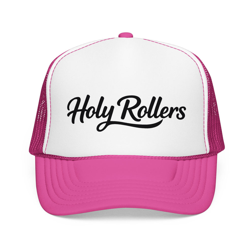 Holy Rollers Christian apparel thumbnail: Holy Rollers Foam Trucker Hat | Script Logo, Black & White Mesh