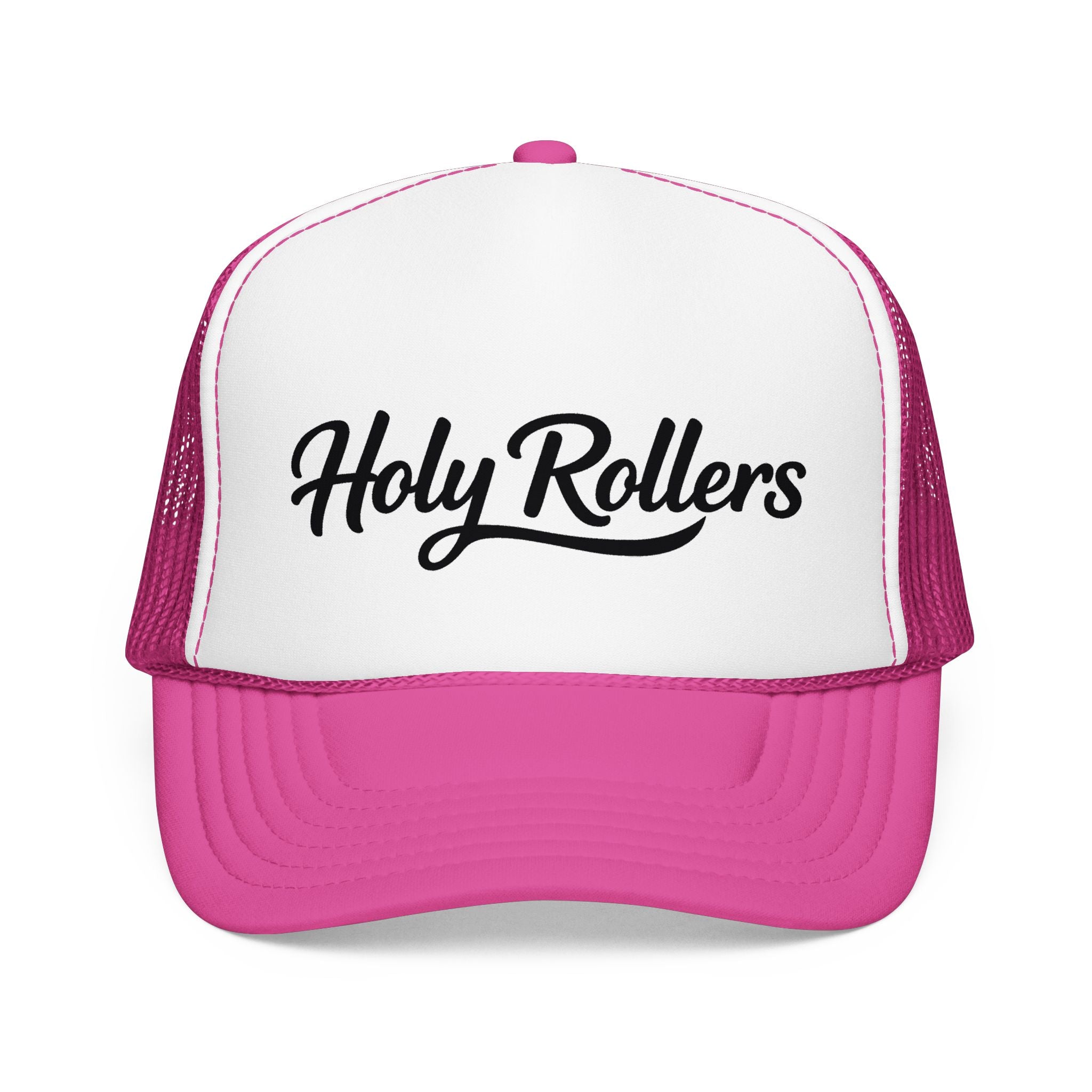Holy Rollers Christian apparel: Holy Rollers Foam Trucker Hat | Script Logo, Black & White Mesh