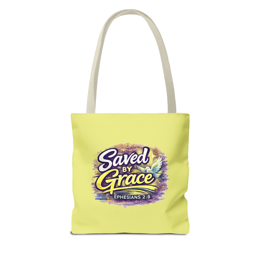 Holy Rollers Christian apparel thumbnail: Christian Tote Bag — "Saved By Grace" / "Holy Rollers" Inspirational All-Over Print