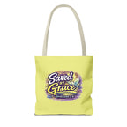 Christian Tote Bag — "Saved By Grace" / "Holy Rollers" Inspirational All-Over Print