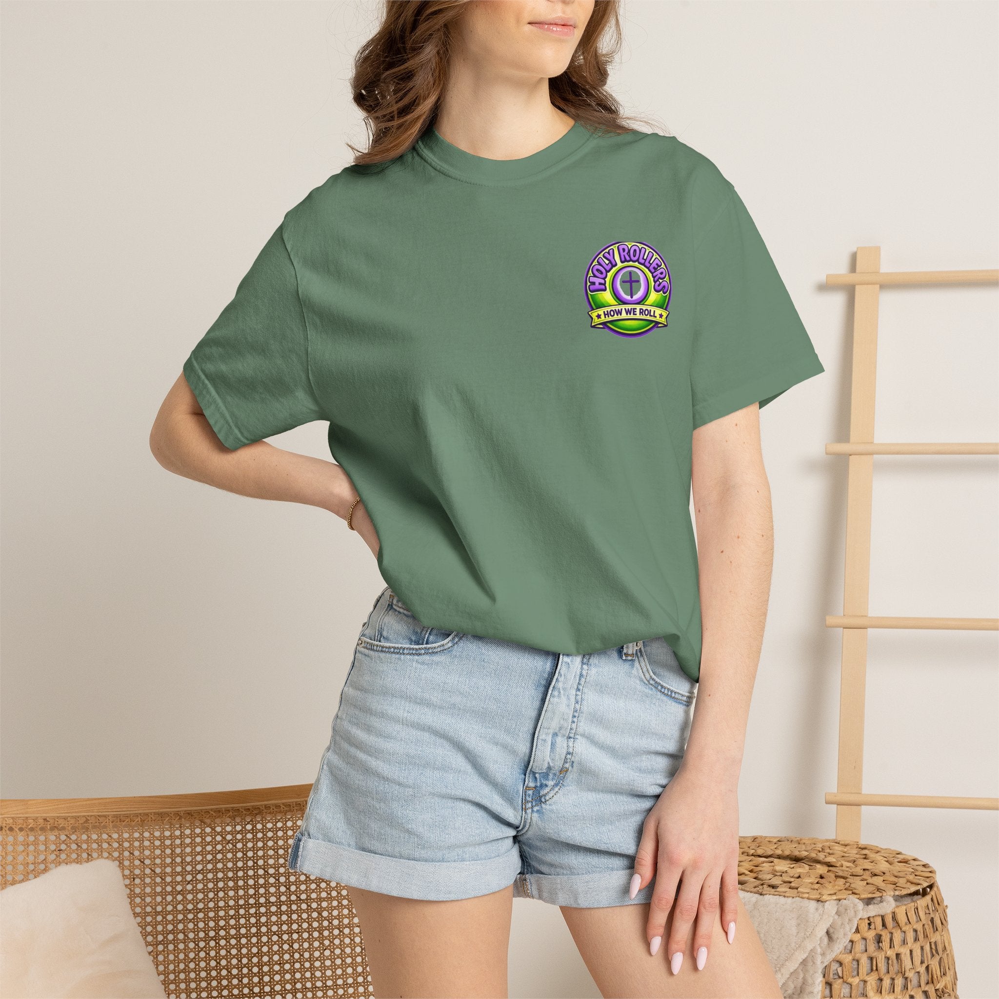 Holy Rollers Christian apparel: Holy Rollers How We Roll faith tee | Colorful Uplifting Gospel HR T-shirt