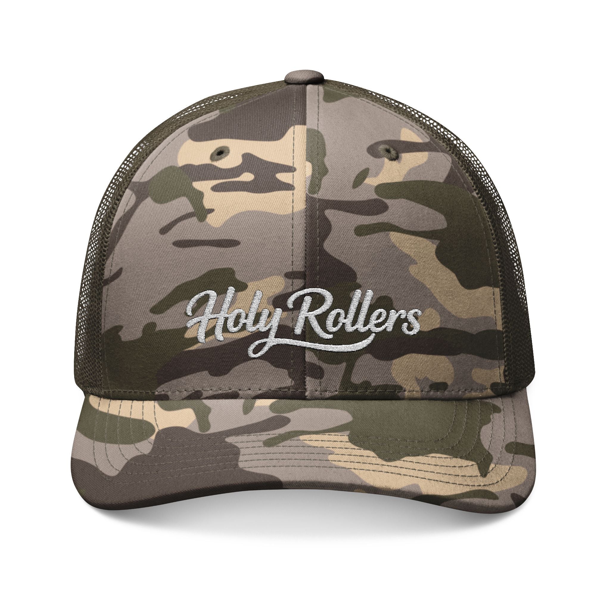 Holy Rollers Christian apparel: Camouflage Trucker Hat — Embroidered "Holy Rollers" Mesh Cap