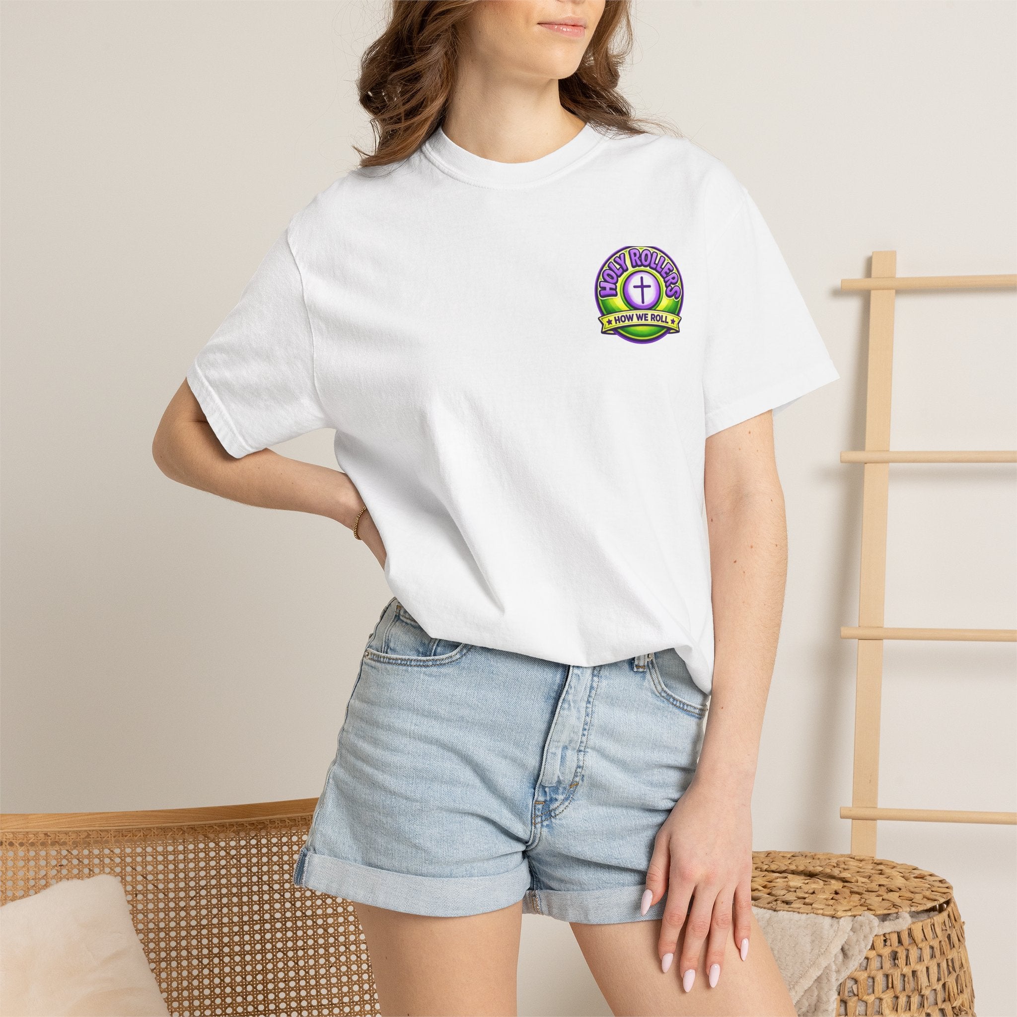 Holy Rollers Christian apparel: Holy Rollers How We Roll faith tee | Colorful Uplifting Gospel HR T-shirt