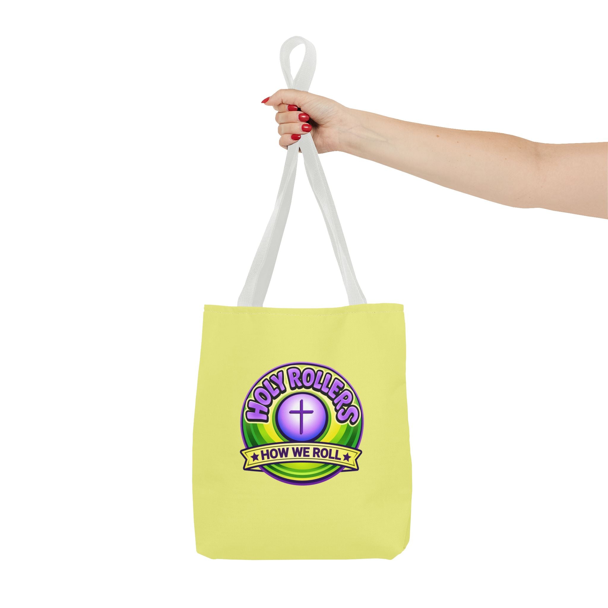 Holy Rollers Christian apparel: Christian Tote Bag — "Saved By Grace" / "Holy Rollers" Inspirational All-Over Print