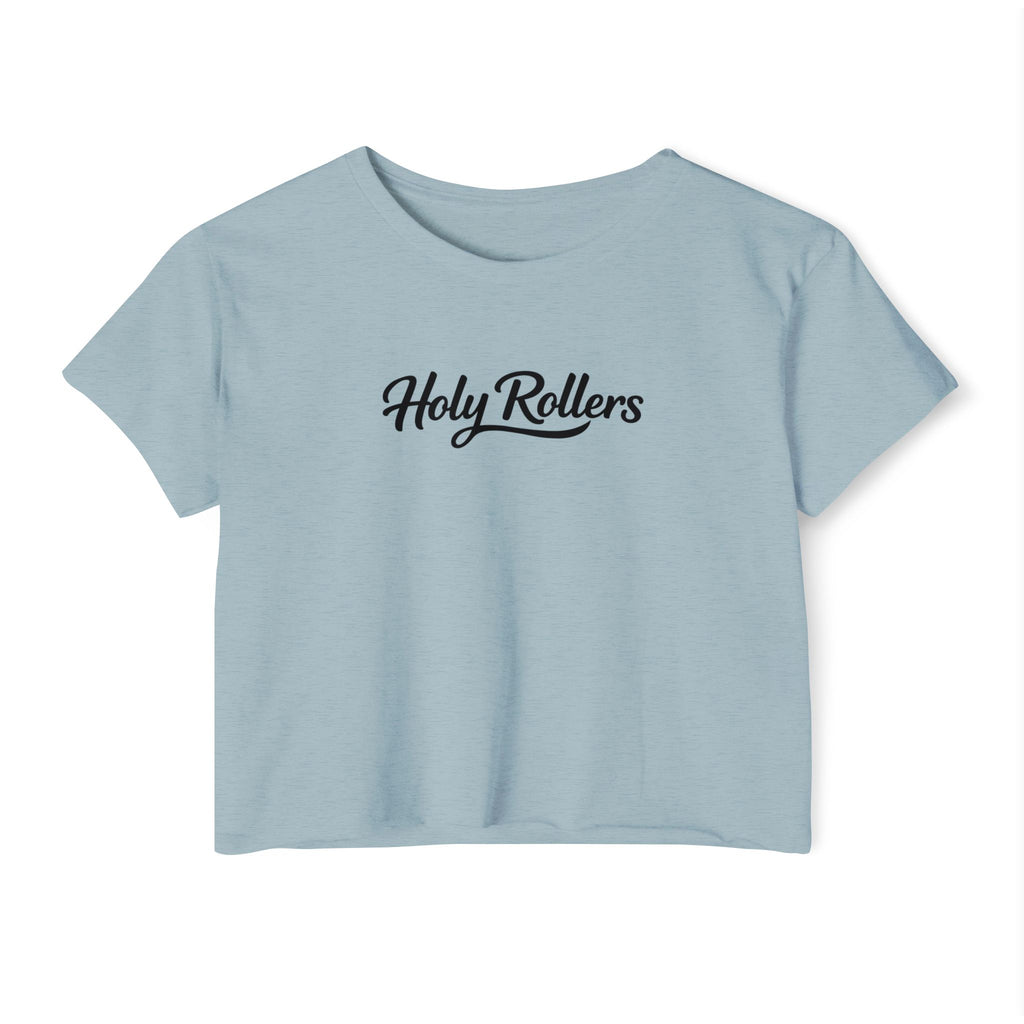 Holy Rollers Christian apparel thumbnail: Women's Crop Top — "Holy Rollers" Front & "Not Perfect Just Forgiven" Back Christian Festival Tee