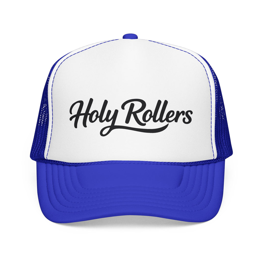 Holy Rollers Christian apparel thumbnail: Holy Rollers Foam Trucker Hat | Script Logo, Colored Visor & Mesh on White
