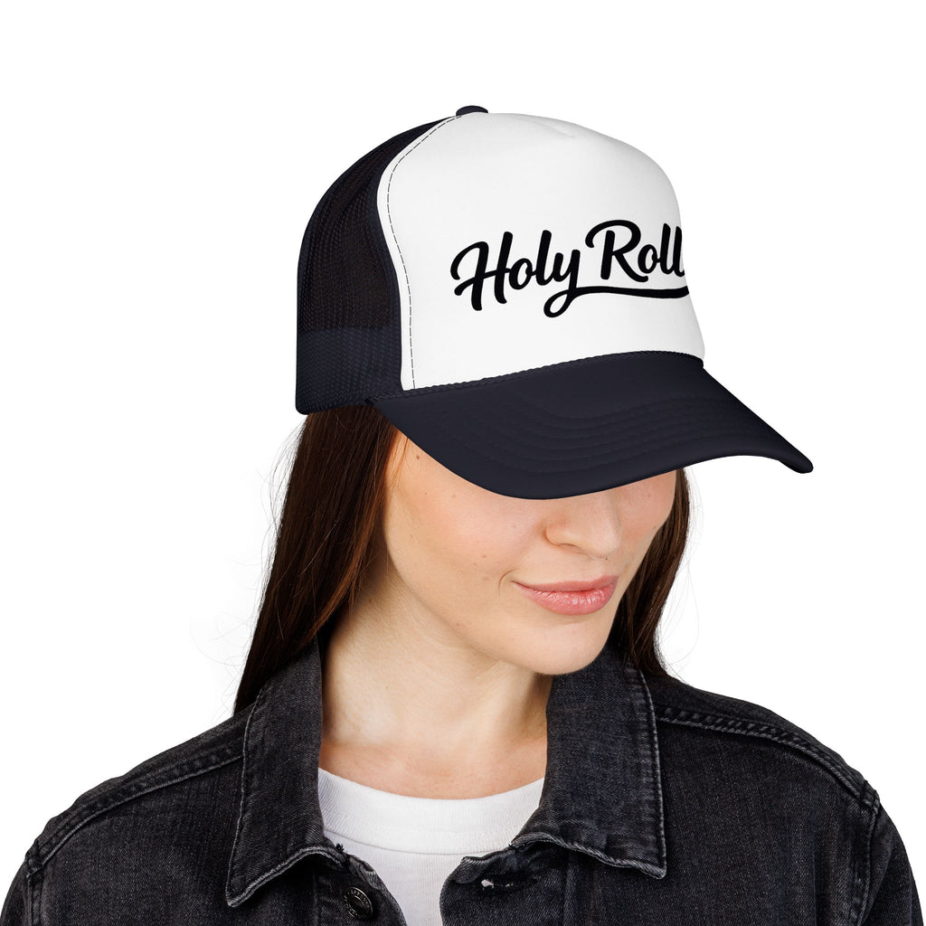 Holy Rollers Christian apparel thumbnail: Holy Rollers Foam Trucker Hat | Script Logo, Black & White Mesh