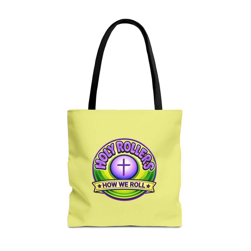 Holy Rollers Christian apparel thumbnail: Christian Tote Bag — "Saved By Grace" / "Holy Rollers" Inspirational All-Over Print