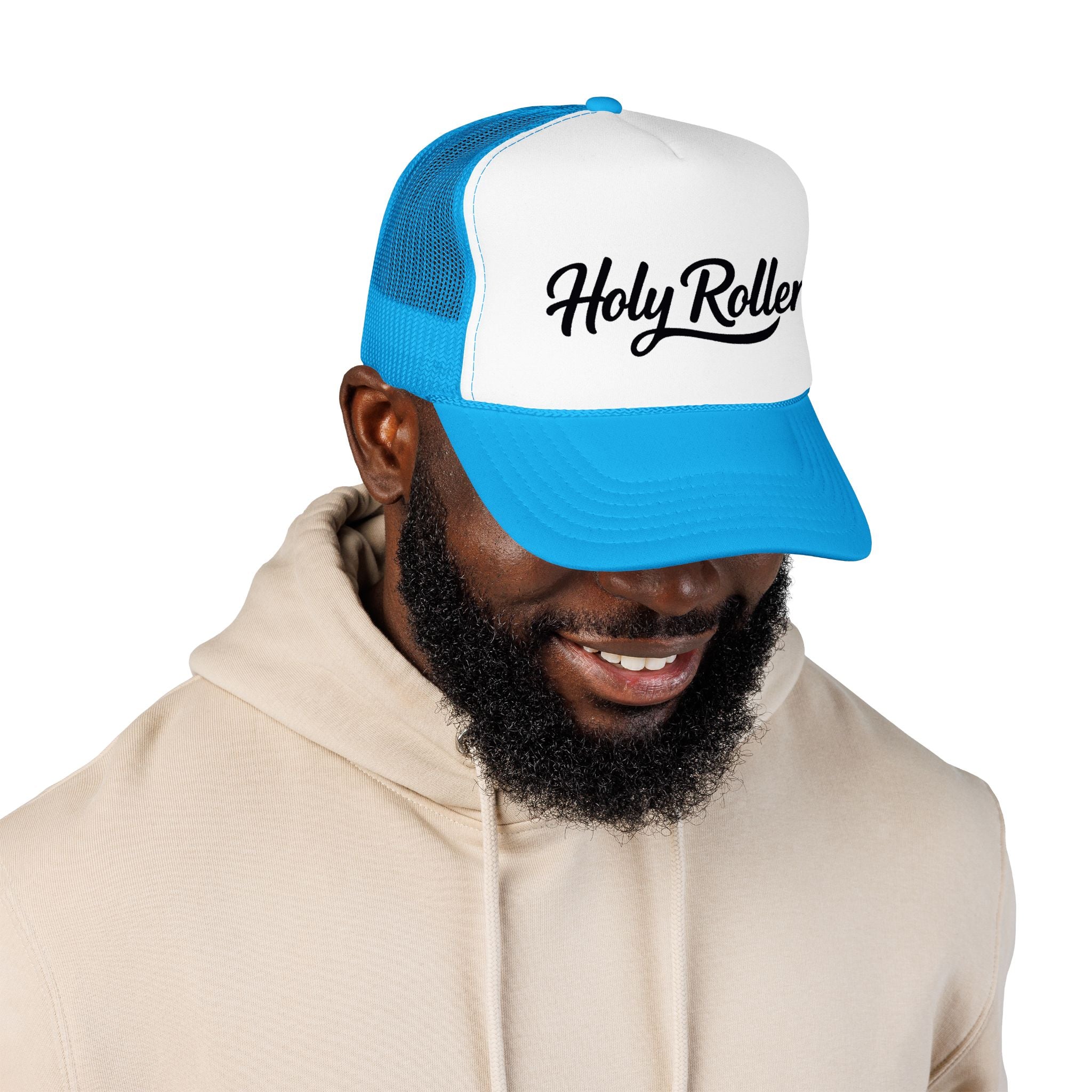 Holy Rollers Christian apparel: Holy Rollers Foam Trucker Hat | Script Logo, Black & White Mesh