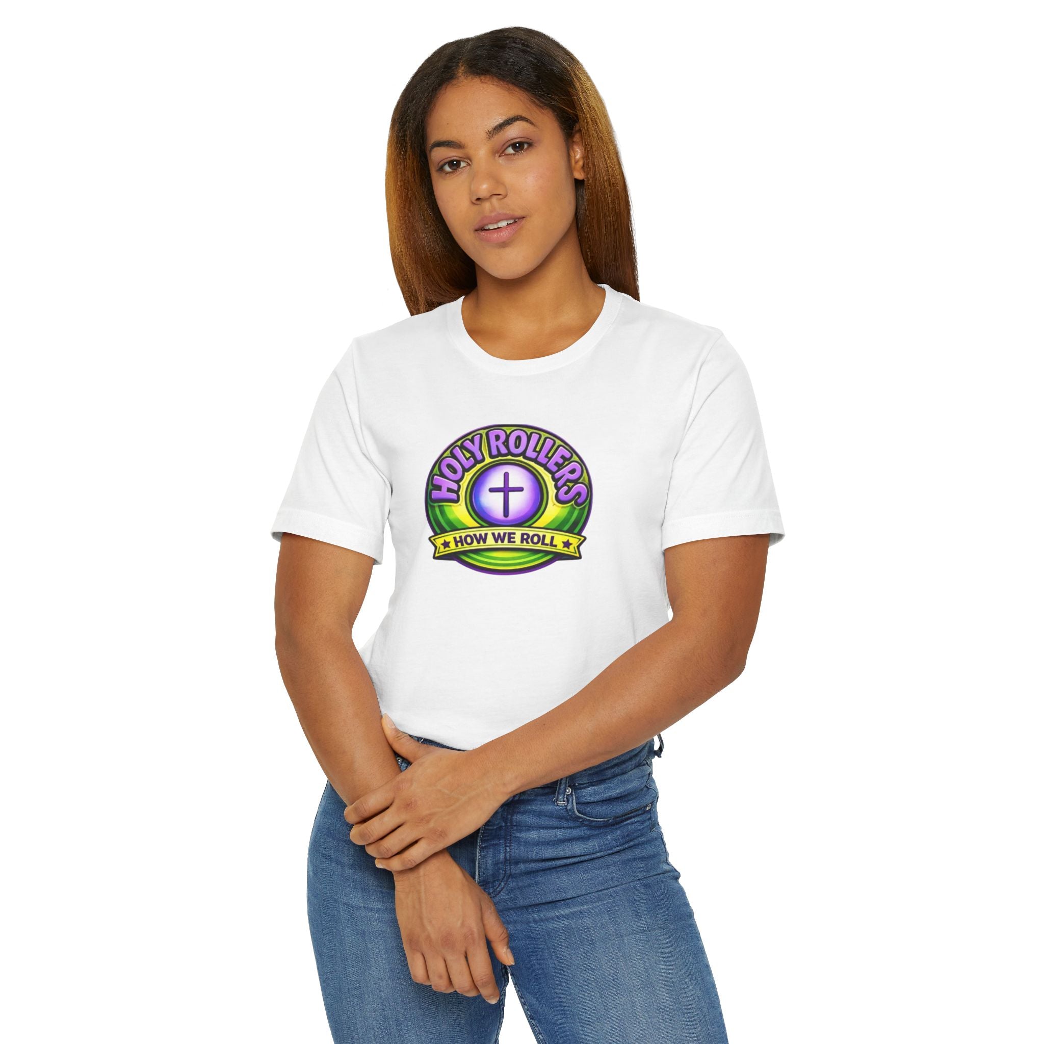 Holy Rollers Christian apparel: Saved by Grace Holy Rollers T-Shirt | Uplifted Confident Joyful Faith Tee