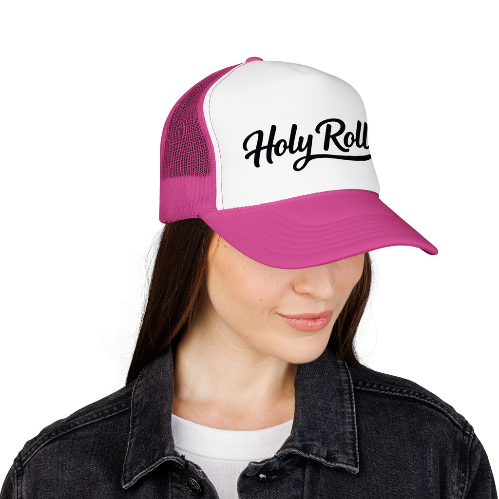 Holy Rollers Christian apparel thumbnail: Holy Rollers Foam Trucker Hat | Script Logo, Black & White Mesh