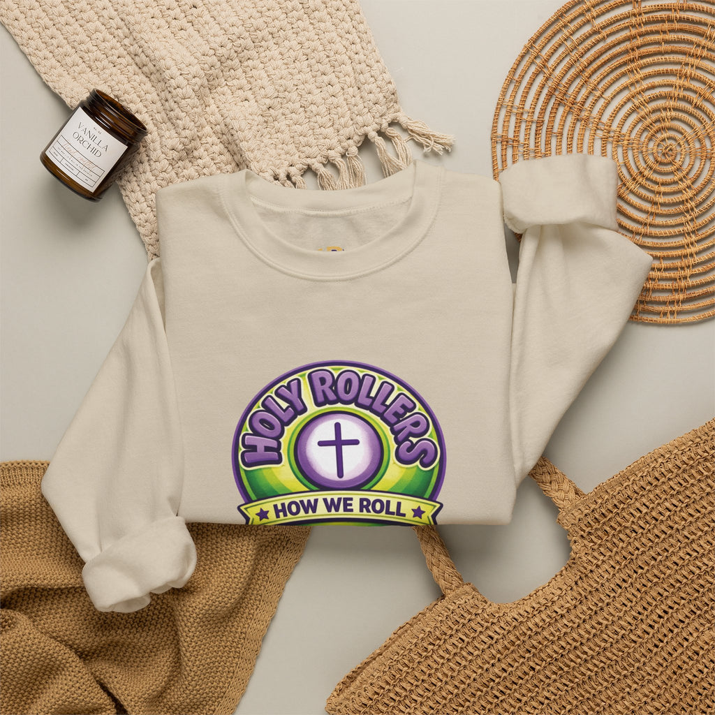 Holy Rollers Christian apparel thumbnail: Holy Rollers How We Roll sweatshirt | Christian faith crewneck