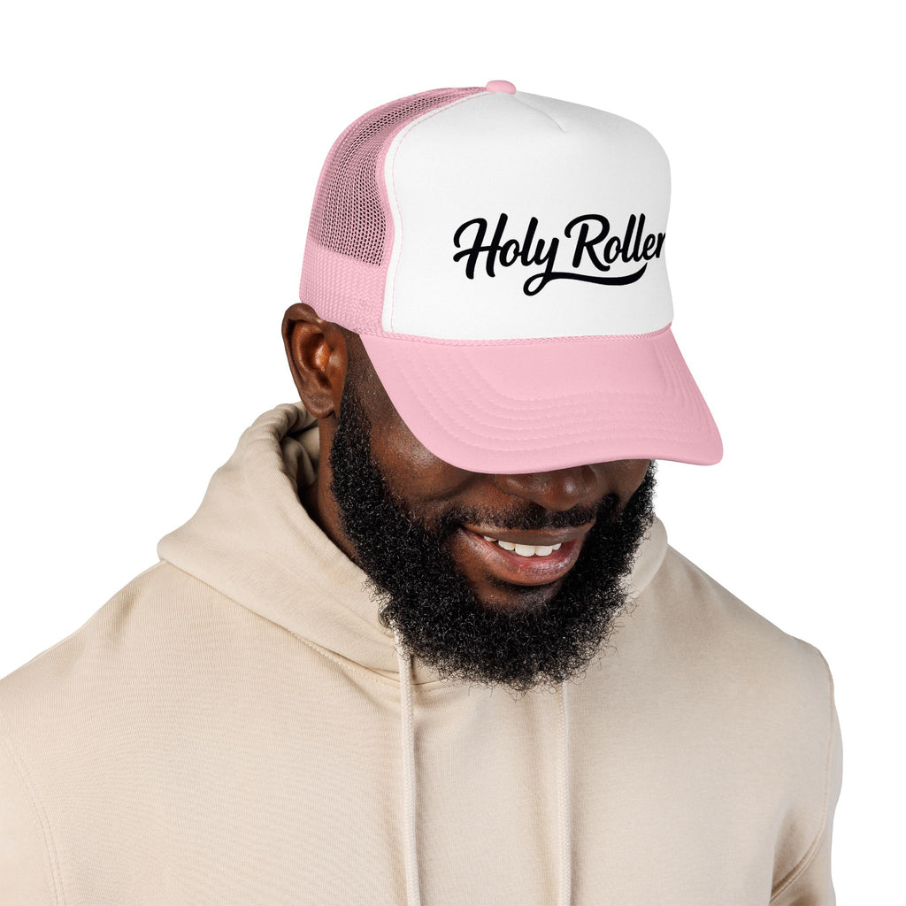 Holy Rollers Christian apparel thumbnail: Holy Rollers Foam Trucker Hat | Script Logo, Black & White Mesh