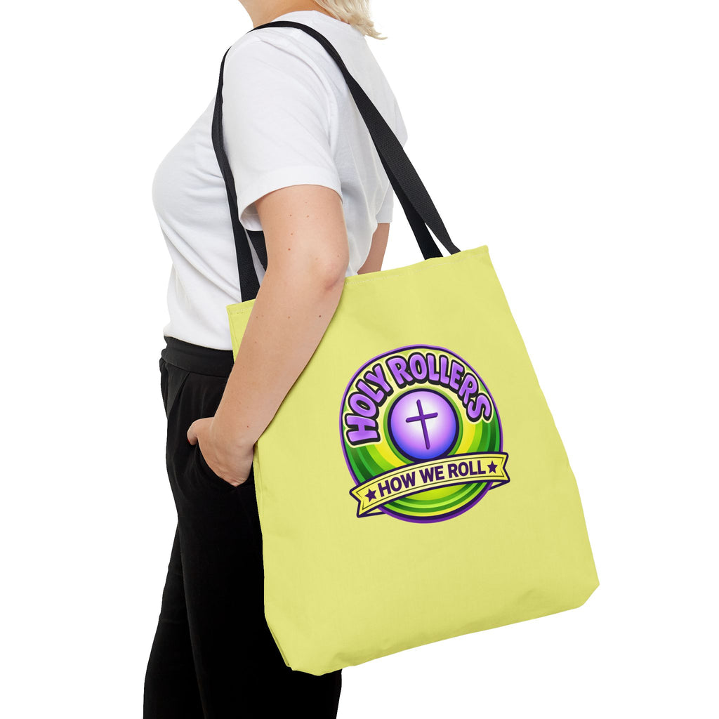 Holy Rollers Christian apparel thumbnail: Christian Tote Bag — "Saved By Grace" / "Holy Rollers" Inspirational All-Over Print