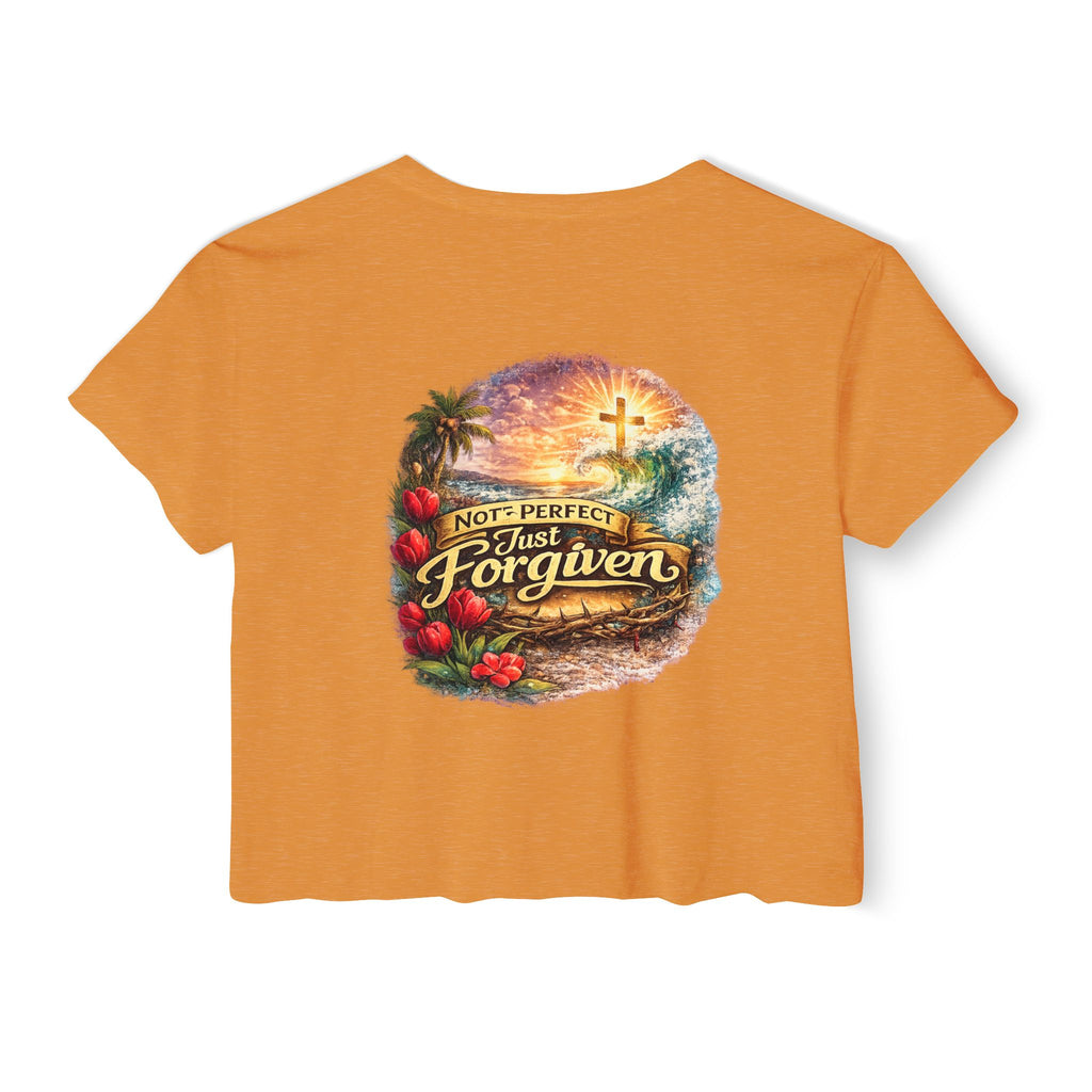 Holy Rollers Christian apparel thumbnail: Women's Crop Top — "Holy Rollers" Front & "Not Perfect Just Forgiven" Back Christian Festival Tee