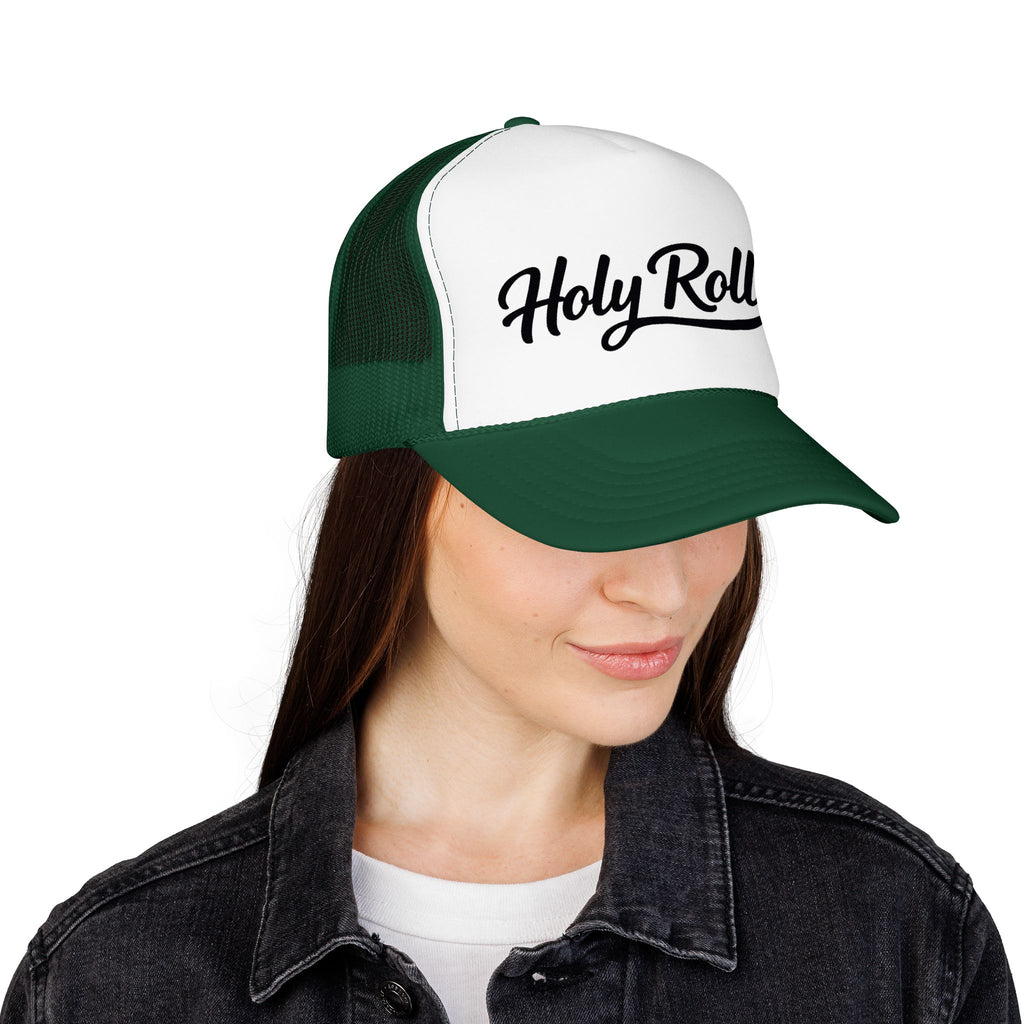 Holy Rollers Christian apparel thumbnail: Holy Rollers Foam Trucker Hat | Script Logo, Black & White Mesh