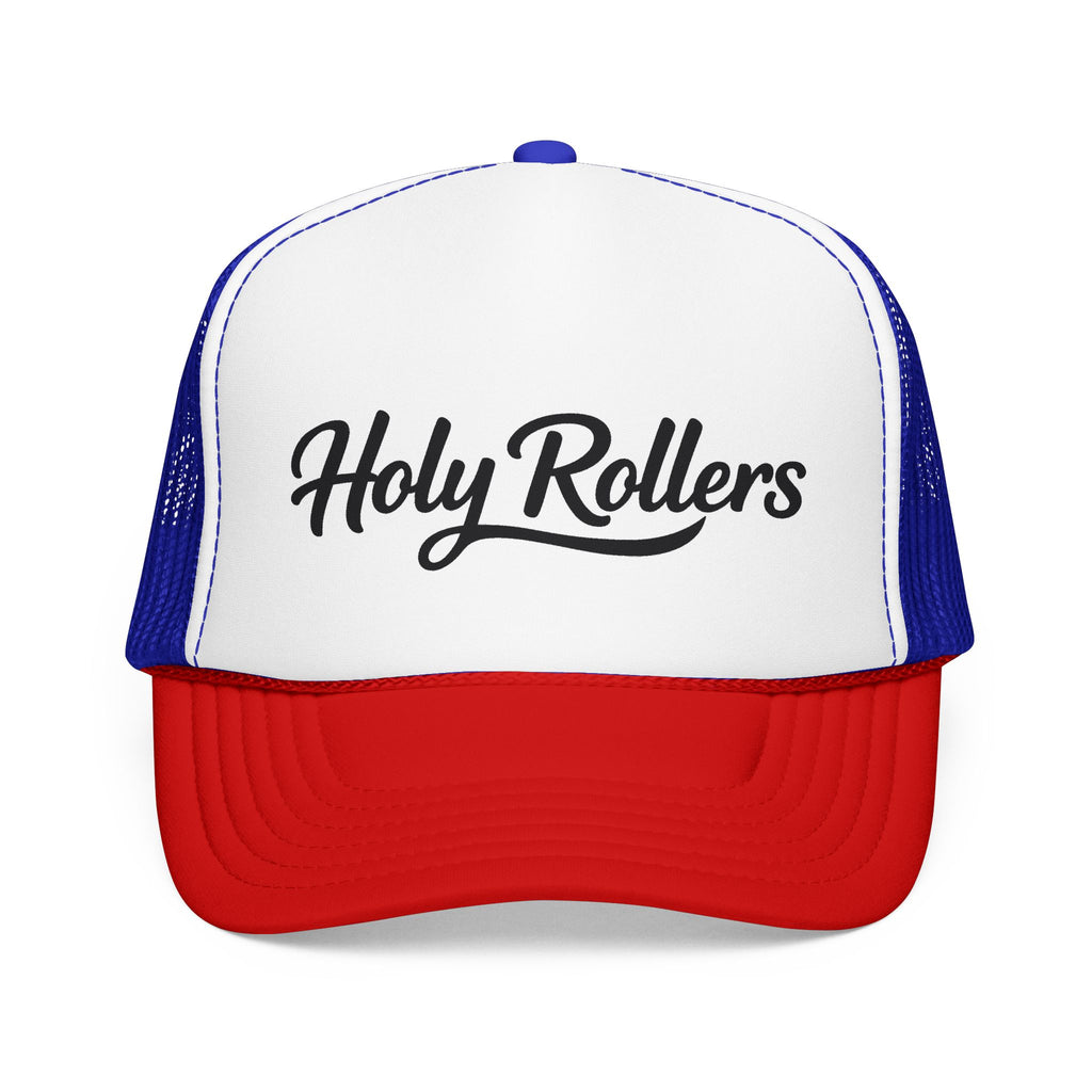 Holy Rollers Christian apparel thumbnail: Holy Rollers Foam Trucker Hat | Script Logo, Colored Visor & Mesh on White