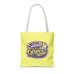Christian Tote Bag — "Saved By Grace" / "Holy Rollers" Inspirational All-Over Print