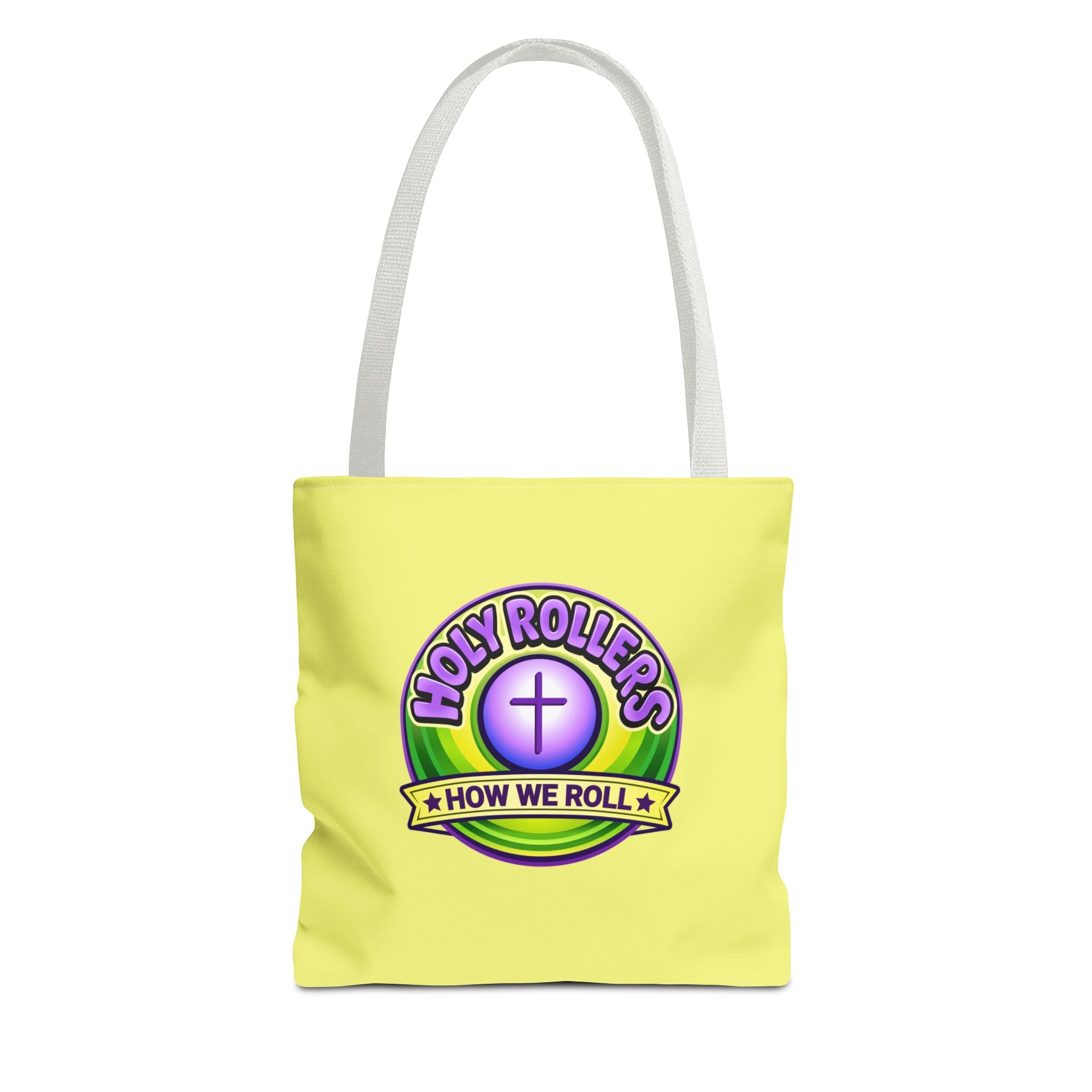 Holy Rollers Christian apparel: Christian Tote Bag — "Saved By Grace" / "Holy Rollers" Inspirational All-Over Print