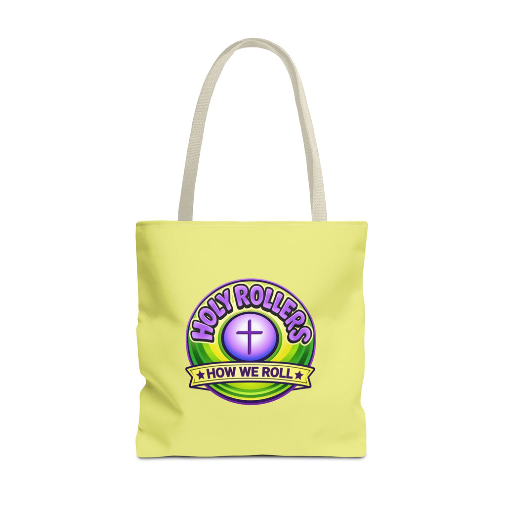 Holy Rollers Christian apparel thumbnail: Christian Tote Bag — "Saved By Grace" / "Holy Rollers" Inspirational All-Over Print