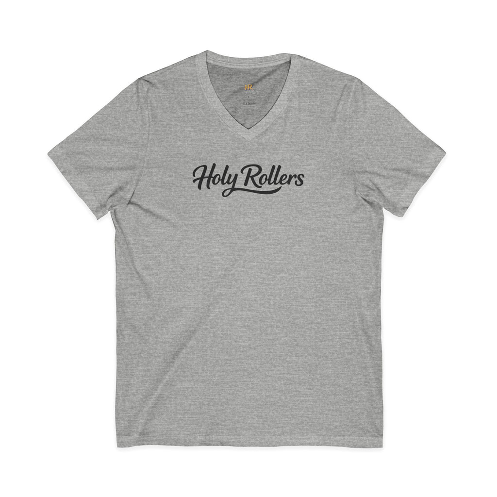 Holy Rollers Christian apparel thumbnail: Holy Rollers word-logo t-shirt | Holy Rollers How We Roll V-neck
