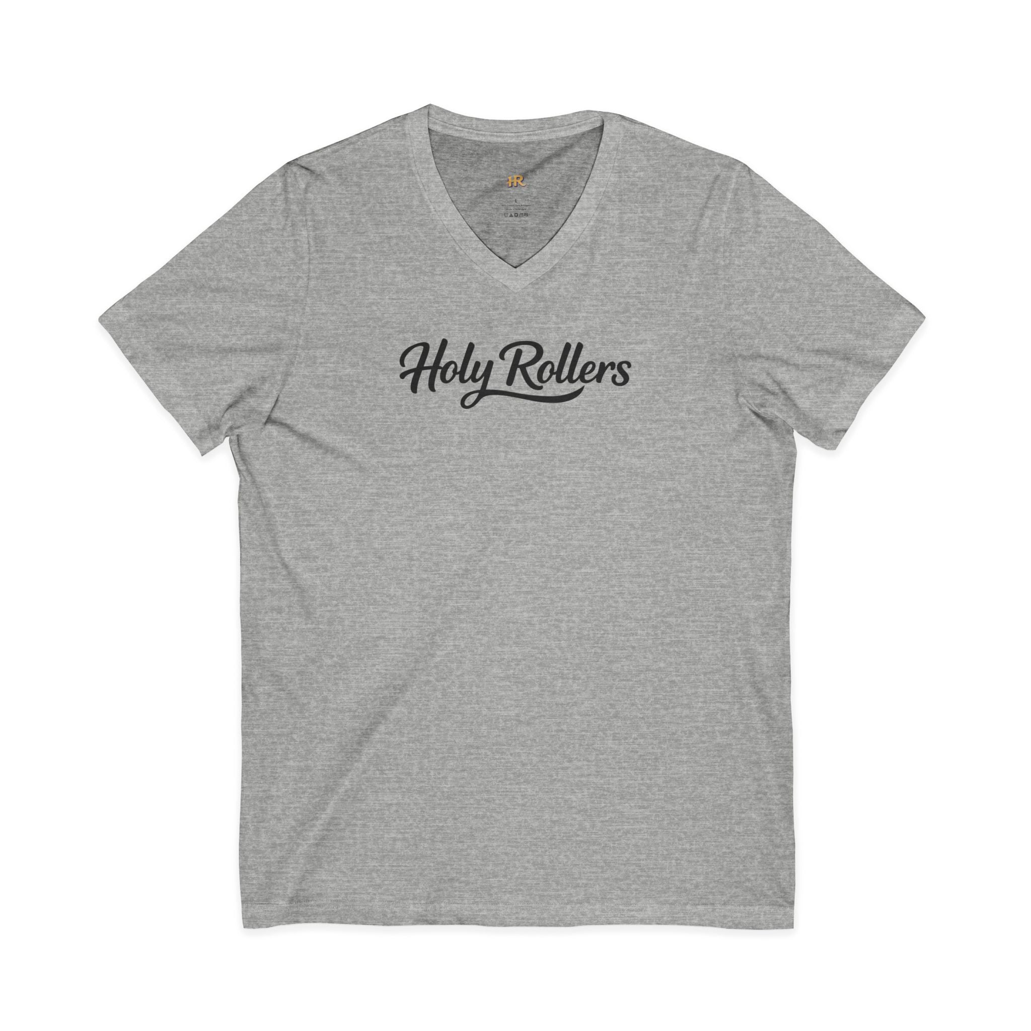 Holy Rollers Christian apparel: Holy Rollers word-logo t-shirt | Holy Rollers How We Roll V-neck