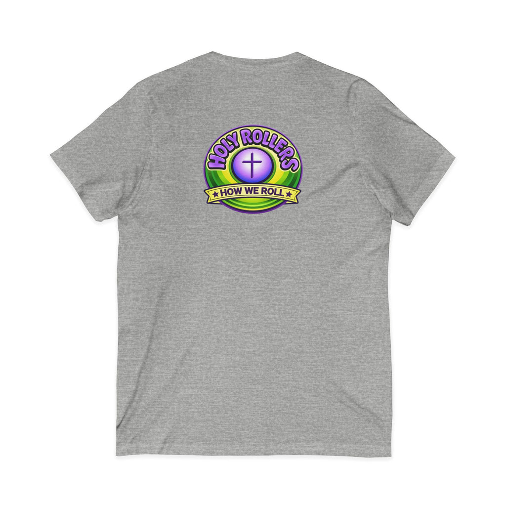 Holy Rollers Christian apparel thumbnail: Holy Rollers word-logo t-shirt | Holy Rollers How We Roll V-neck