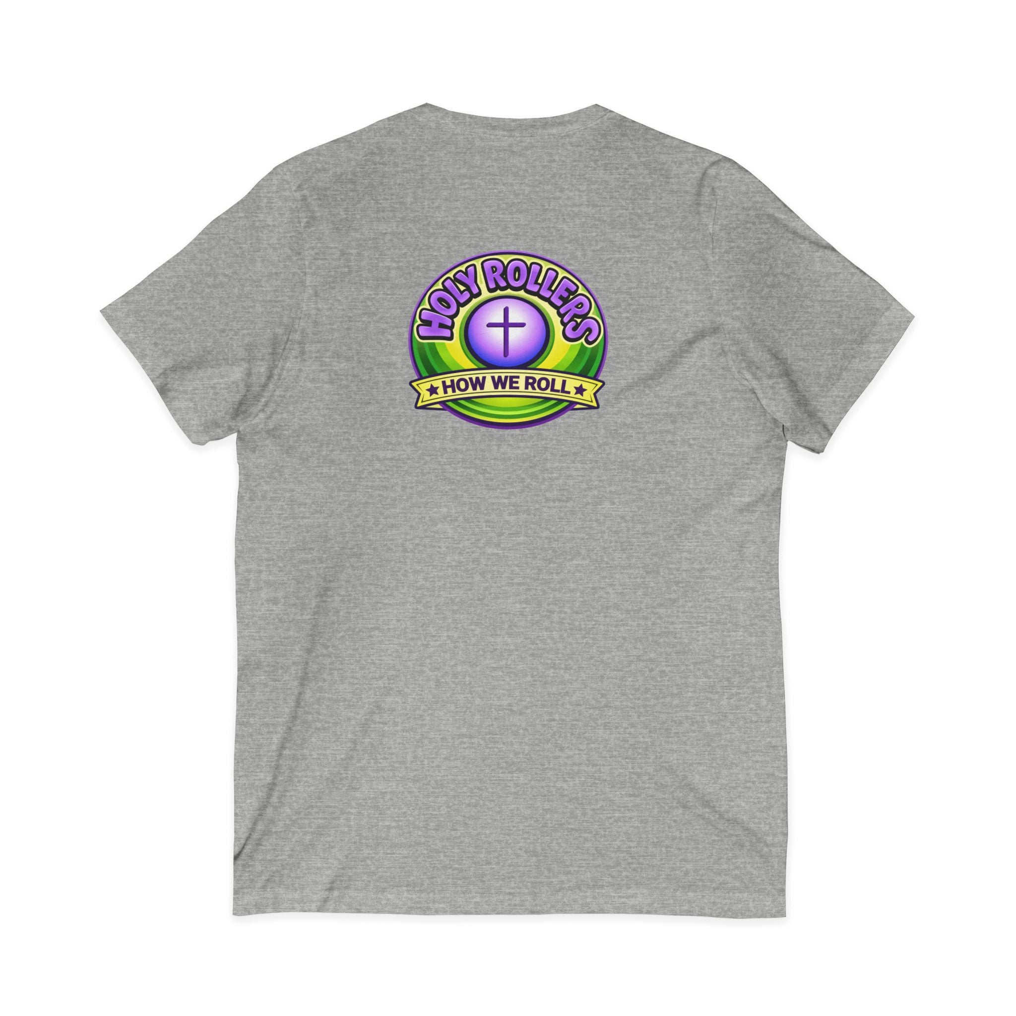 Holy Rollers Christian apparel: Holy Rollers word-logo t-shirt | Holy Rollers How We Roll V-neck