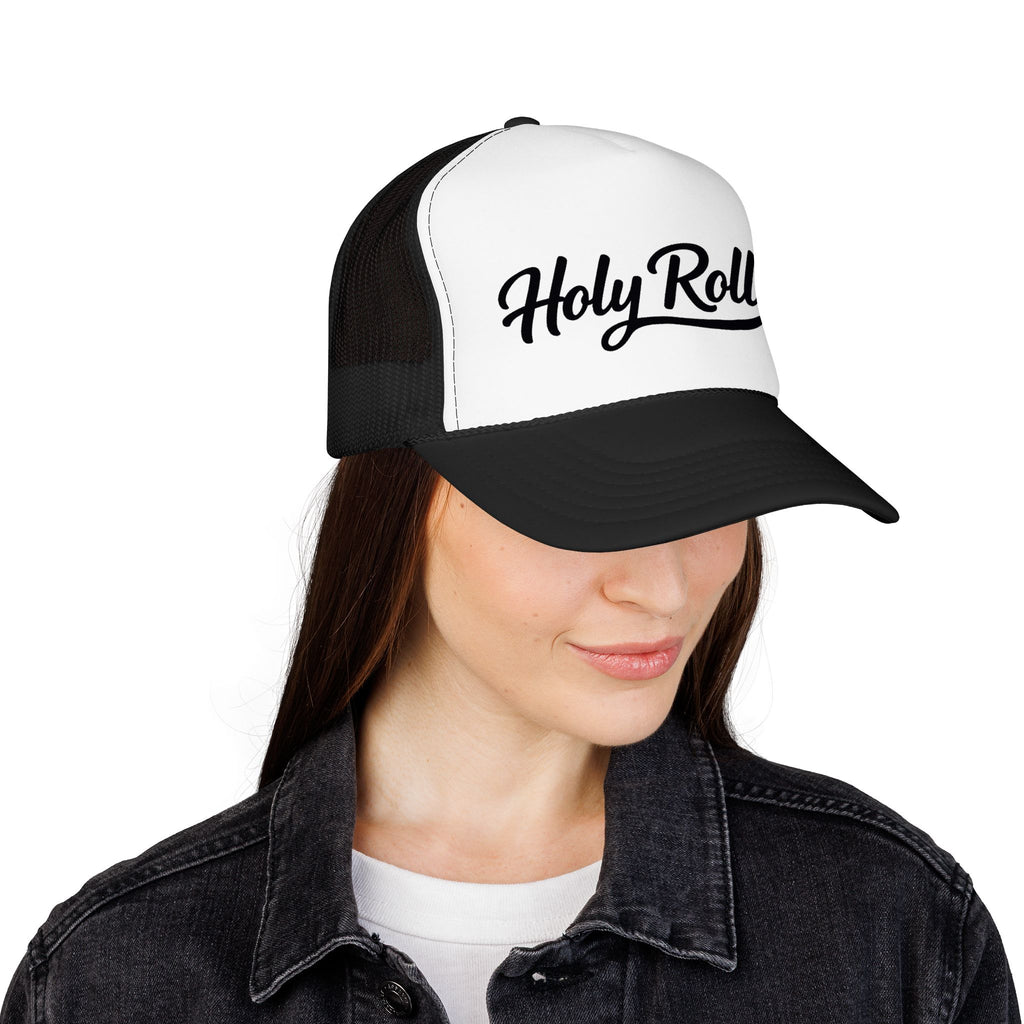 Holy Rollers Christian apparel thumbnail: Holy Rollers Foam Trucker Hat | Script Logo, Black & White Mesh