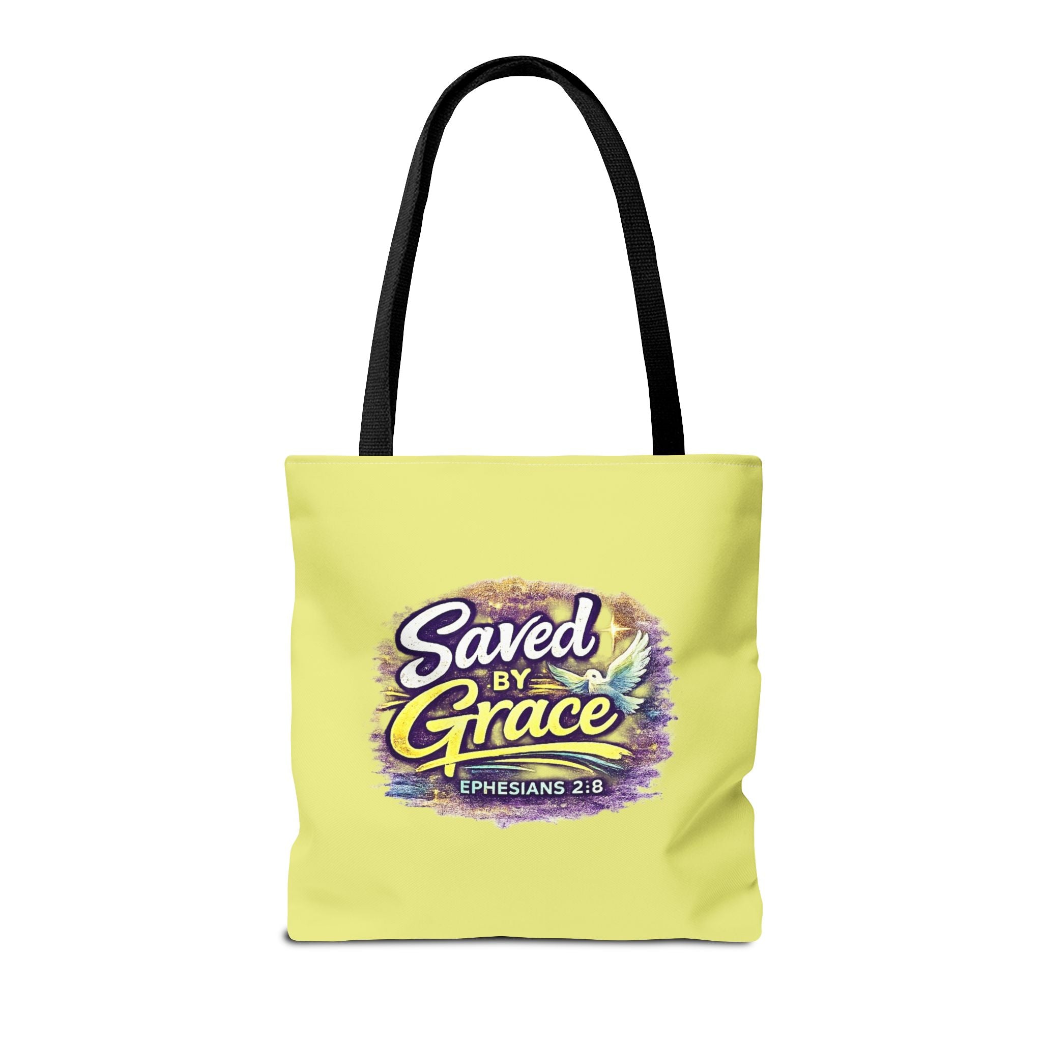 Holy Rollers Christian apparel: Christian Tote Bag — "Saved By Grace" / "Holy Rollers" Inspirational All-Over Print