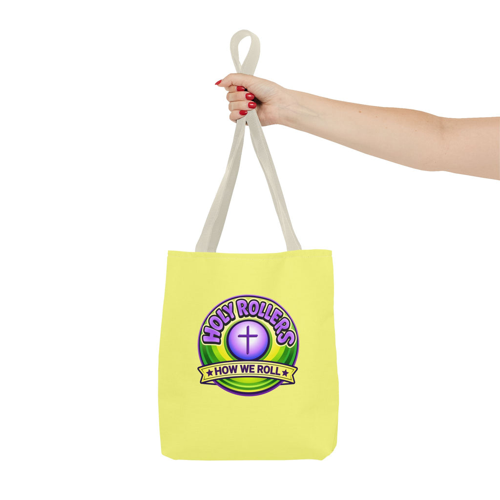 Holy Rollers Christian apparel thumbnail: Christian Tote Bag — "Saved By Grace" / "Holy Rollers" Inspirational All-Over Print