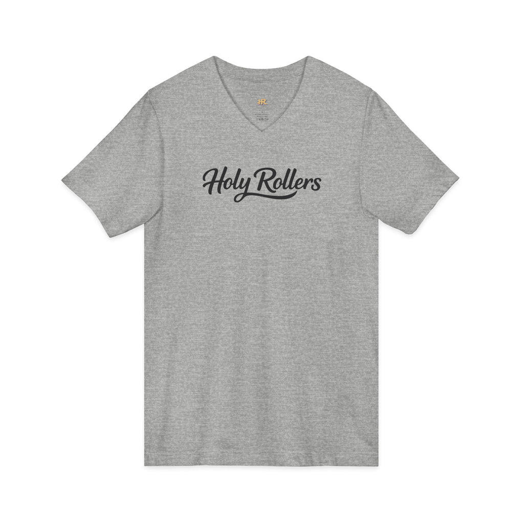 Holy Rollers Christian apparel thumbnail: Holy Rollers word-logo t-shirt | Holy Rollers How We Roll V-neck