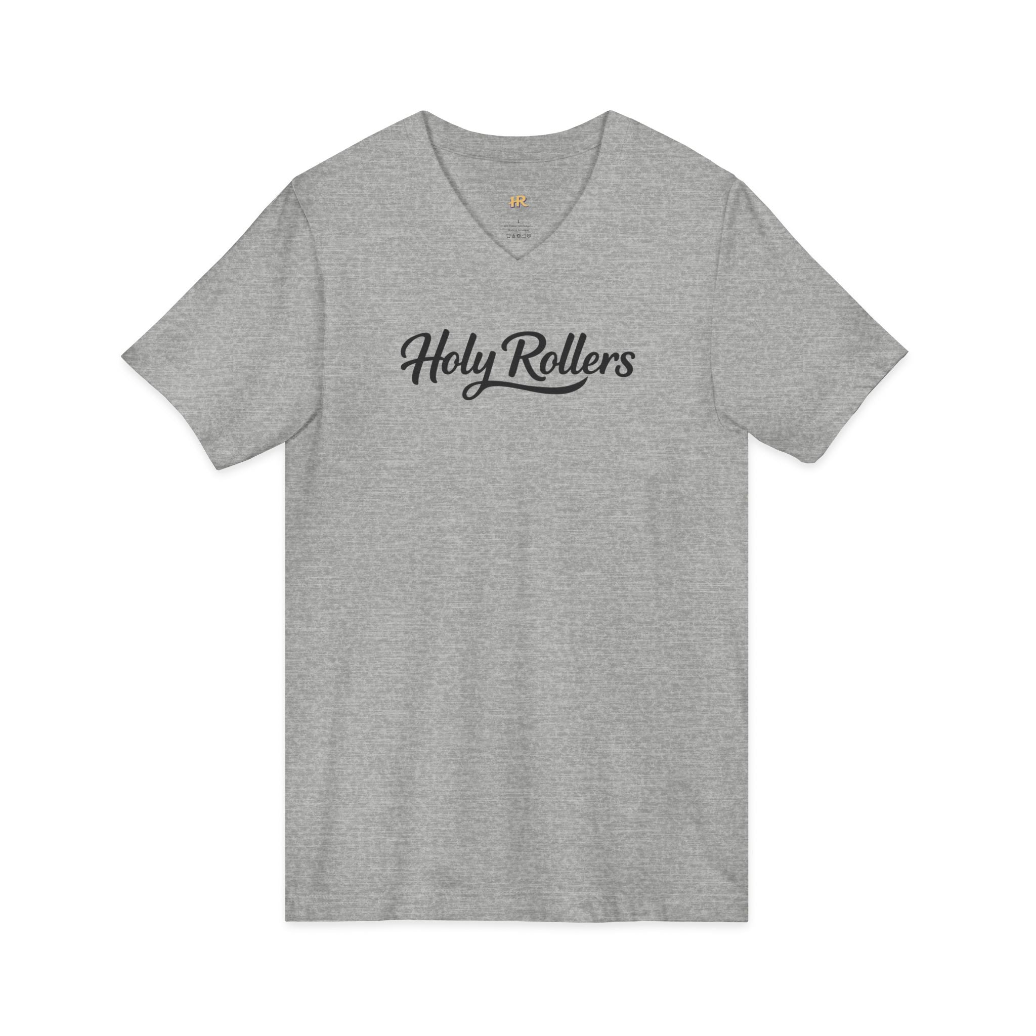 Holy Rollers Christian apparel: Holy Rollers word-logo t-shirt | Holy Rollers How We Roll V-neck