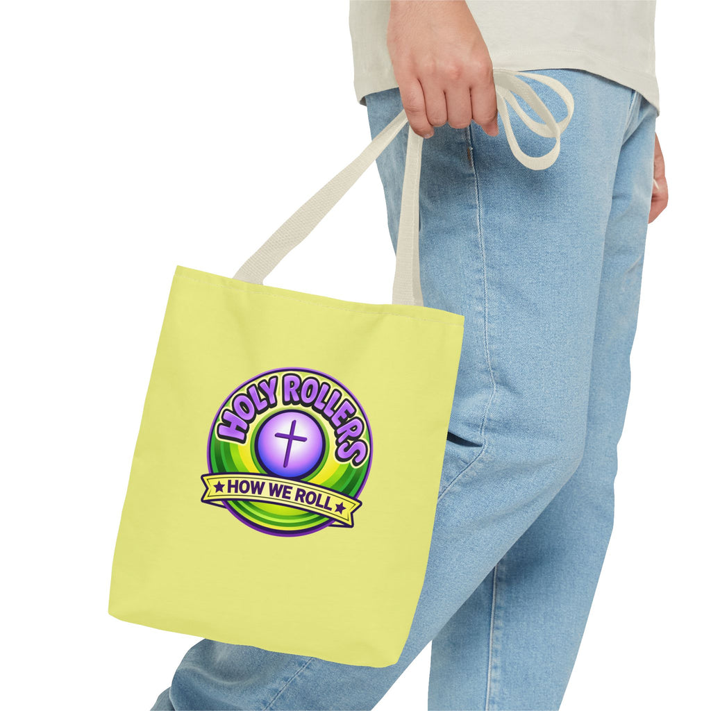Holy Rollers Christian apparel thumbnail: Christian Tote Bag — "Saved By Grace" / "Holy Rollers" Inspirational All-Over Print