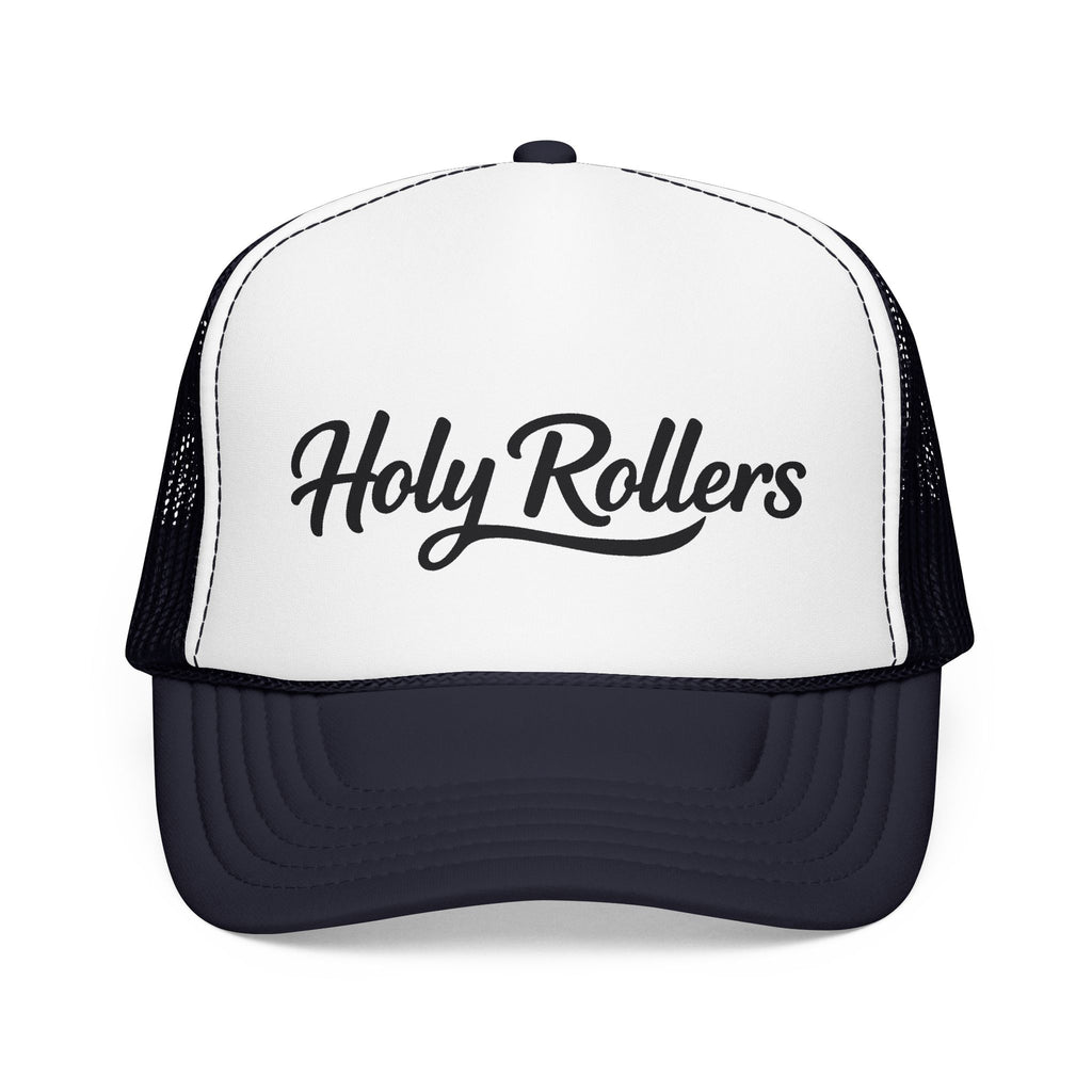 Holy Rollers Christian apparel thumbnail: Holy Rollers Foam Trucker Hat | Script Logo, Colored Visor & Mesh on White