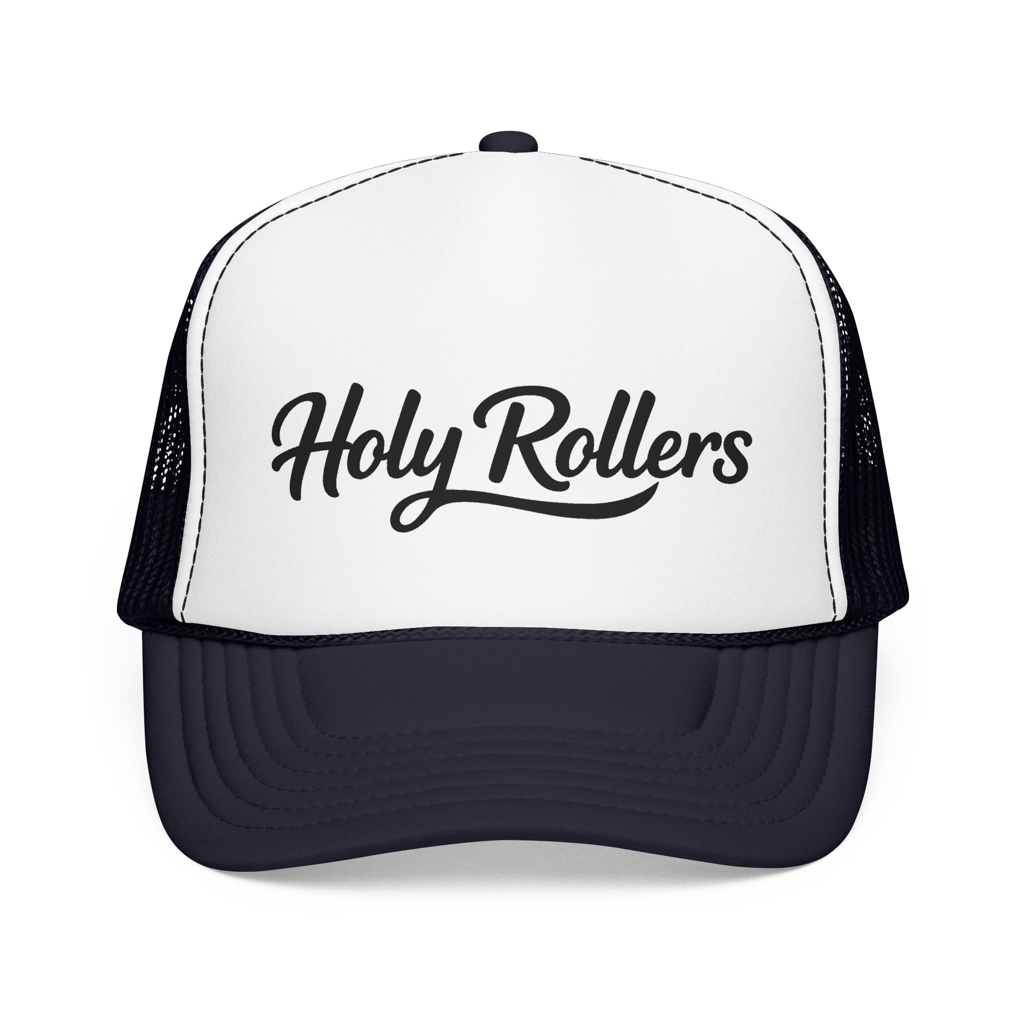 Holy Rollers Christian apparel: Holy Rollers Foam Trucker Hat | Script Logo, Colored Visor & Mesh on White