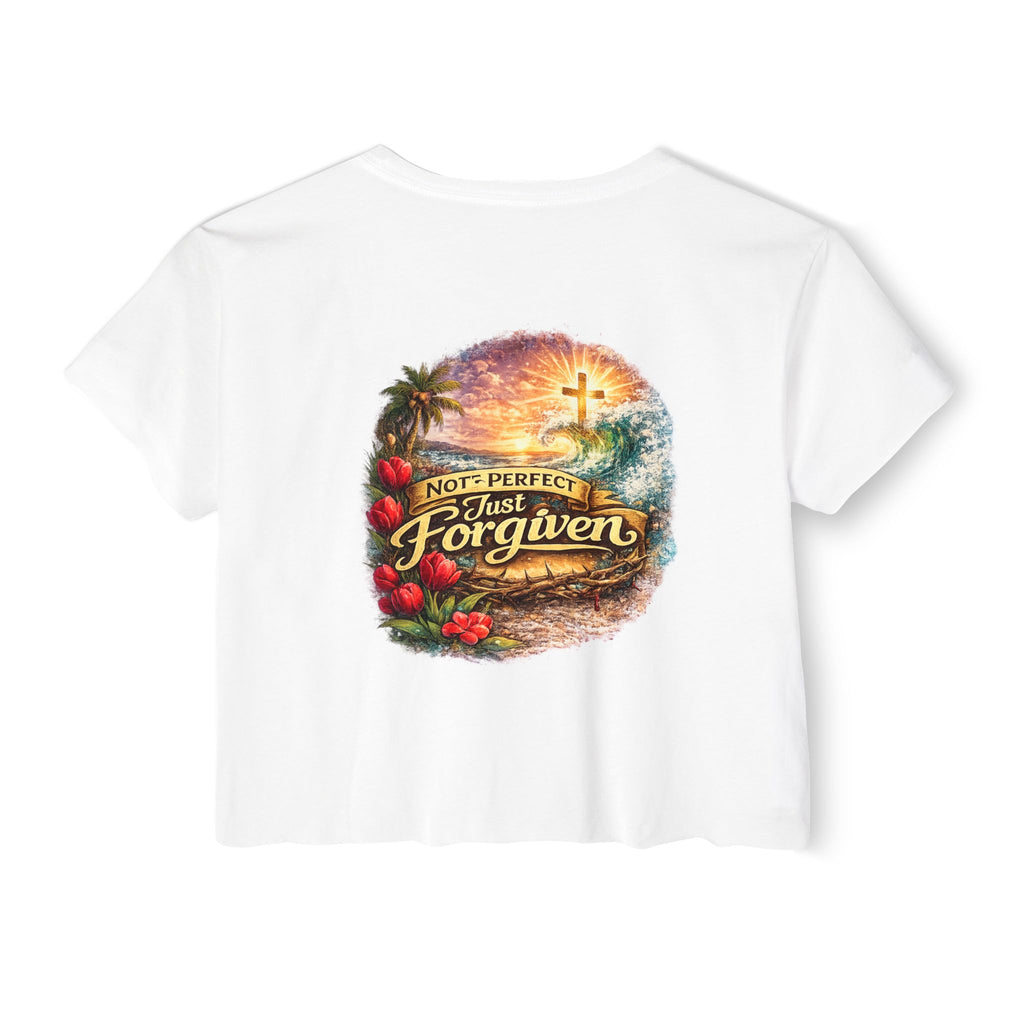 Holy Rollers Christian apparel thumbnail: Women's Crop Top — "Holy Rollers" Front & "Not Perfect Just Forgiven" Back Christian Festival Tee