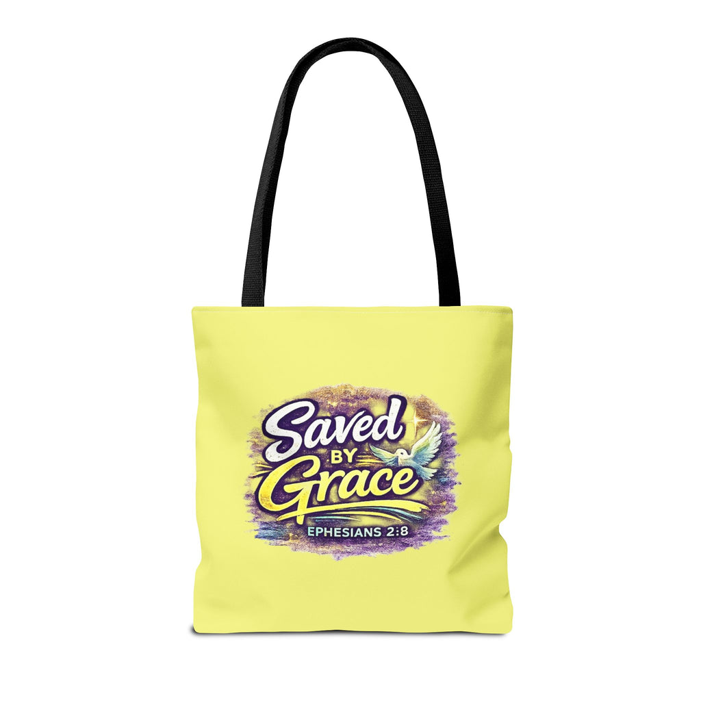Holy Rollers Christian apparel thumbnail: Christian Tote Bag — "Saved By Grace" / "Holy Rollers" Inspirational All-Over Print