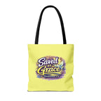 Christian Tote Bag — "Saved By Grace" / "Holy Rollers" Inspirational All-Over Print