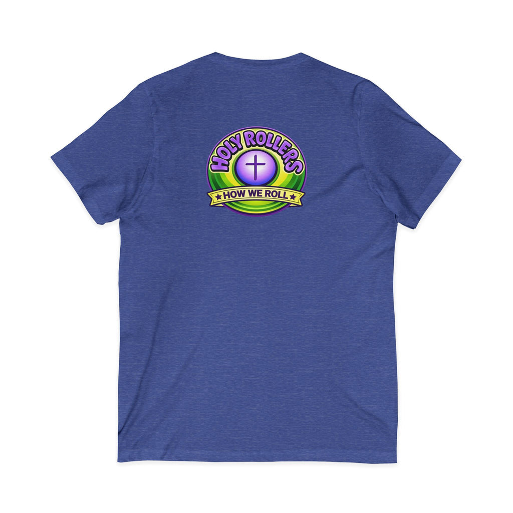 Holy Rollers Christian apparel thumbnail: Holy Rollers word-logo t-shirt | Holy Rollers How We Roll V-neck