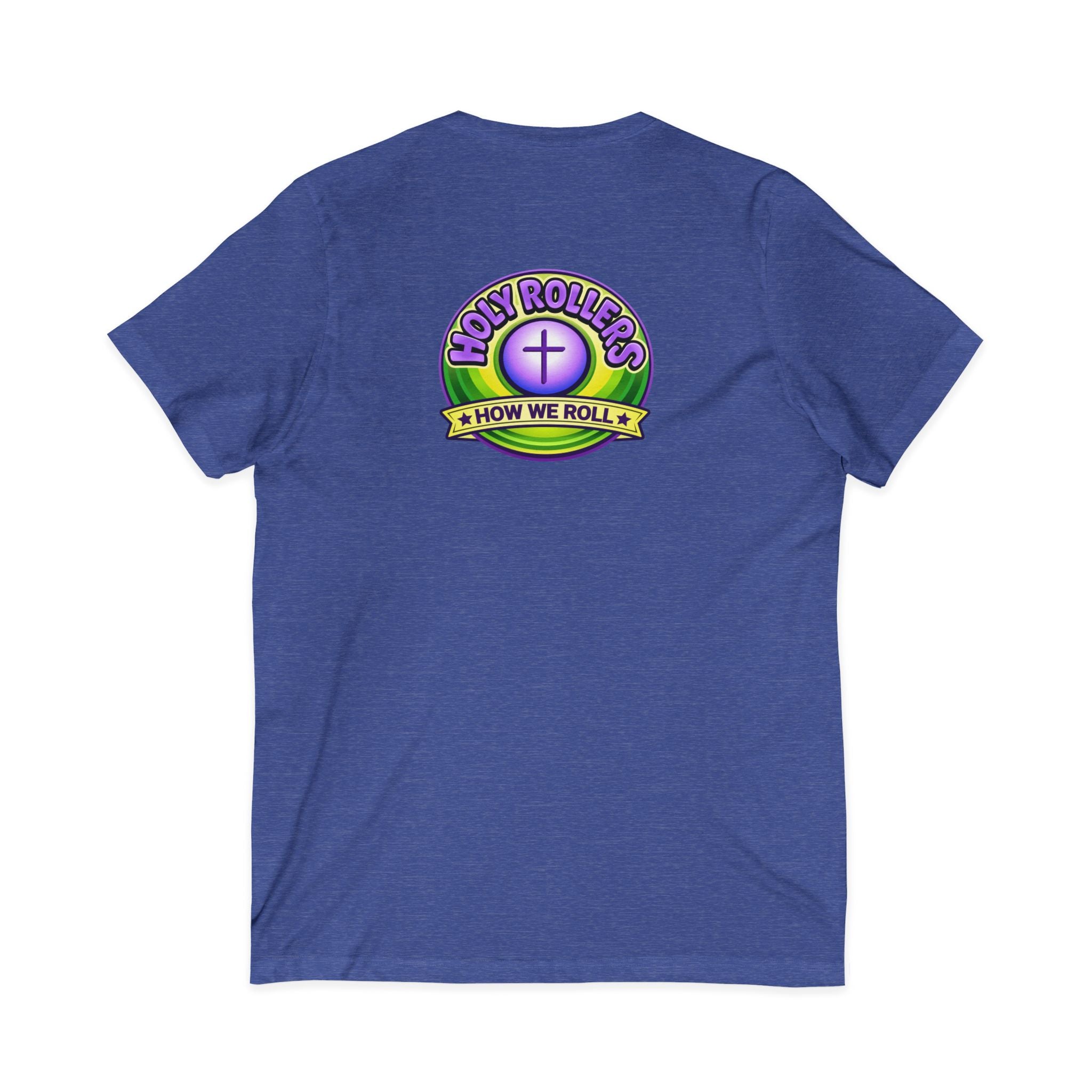 Holy Rollers Christian apparel: Holy Rollers word-logo t-shirt | Holy Rollers How We Roll V-neck